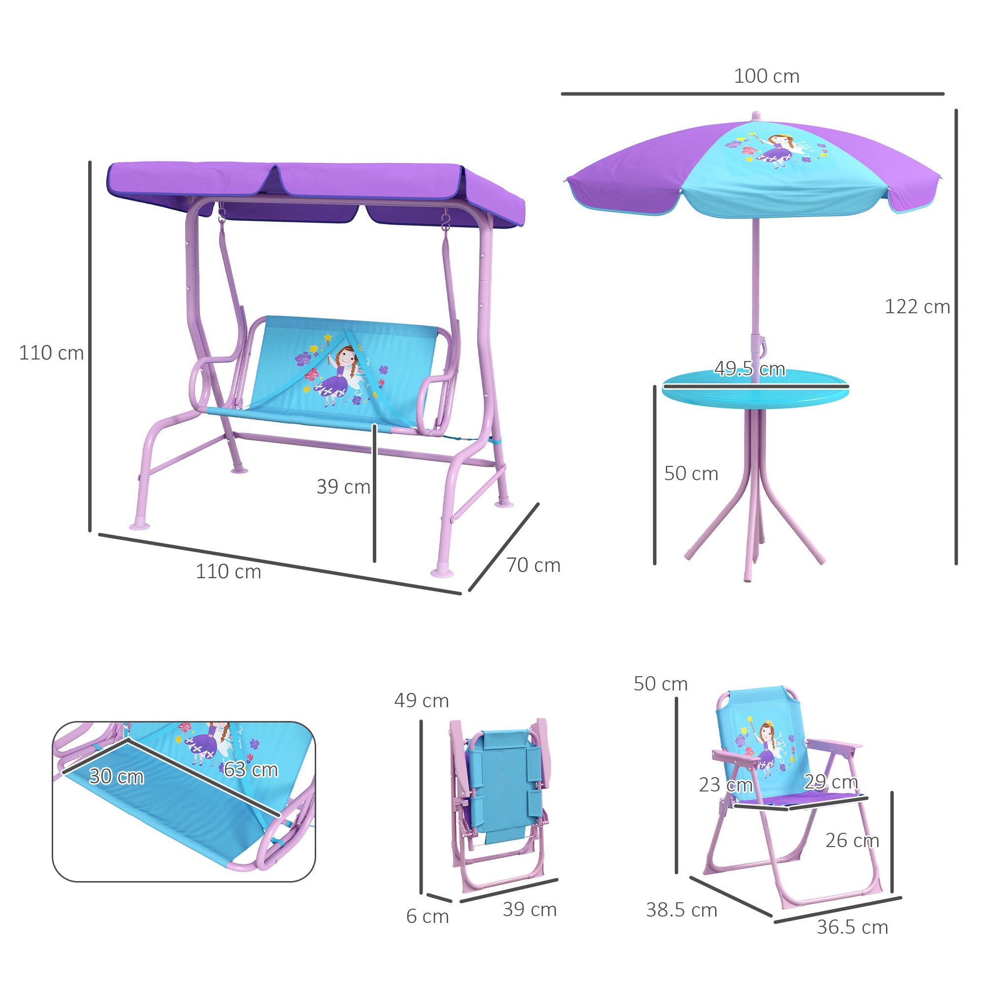 4PCs Kids Garden Furniture Set w/ 2 Seater Garden Swing Chair with Adjustable Canopy, Childrens Table and Chair Set with Parasol, for Toddler Girls 3-6 Years Old