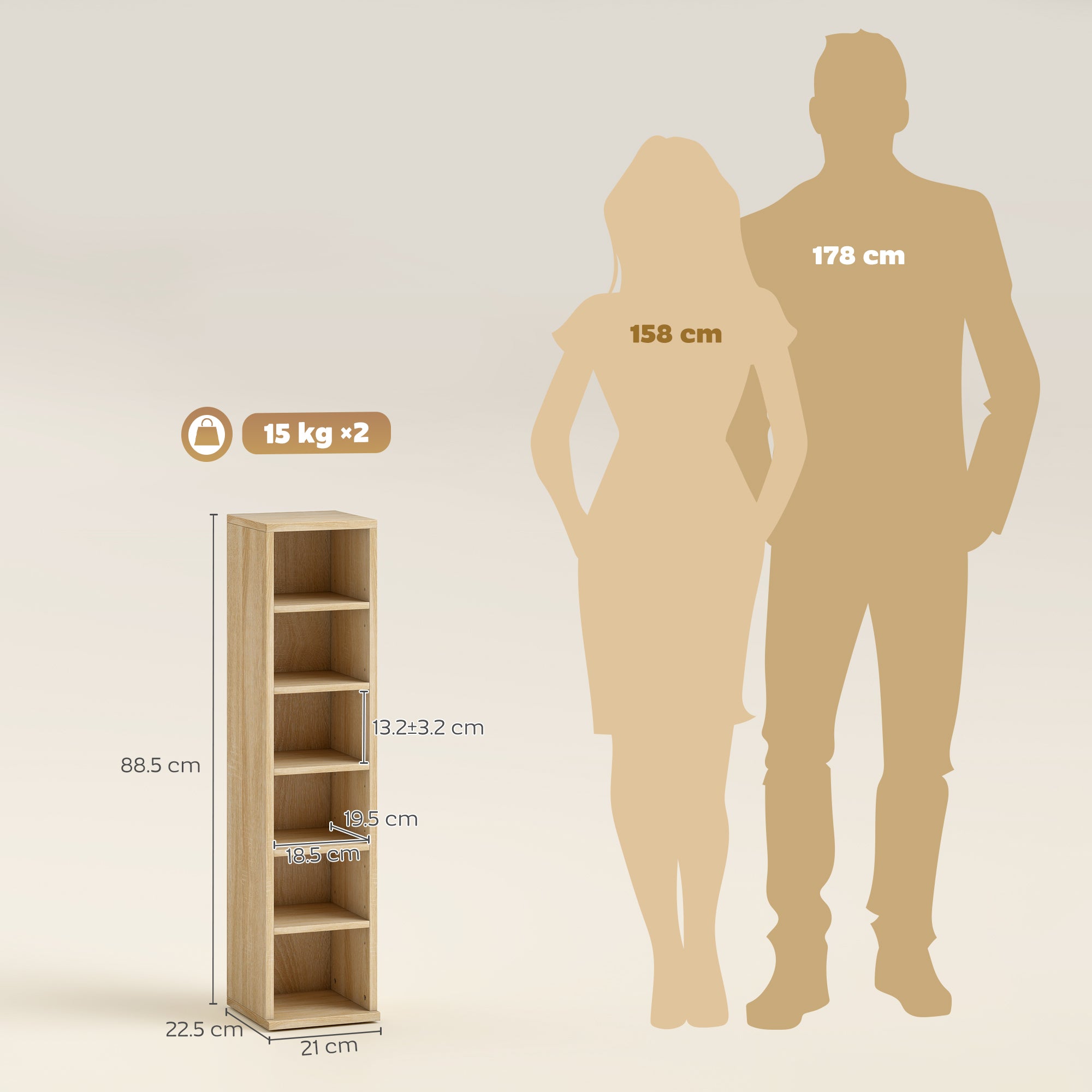 Set of 2 CD Media Display Shelf Unit Tower Rack with Adjustable Shelves, Oak