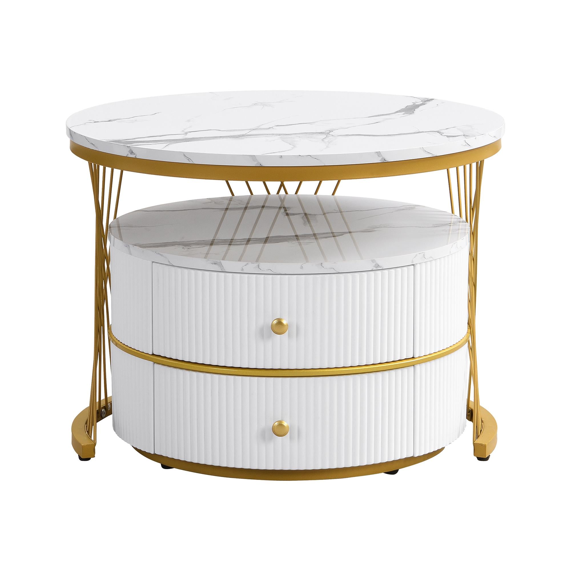 2 Piece High Gloss Round Nesting Coffee Table Set with Marble Top, Living Room Centre Tables with Storage Drawers, Gold+White