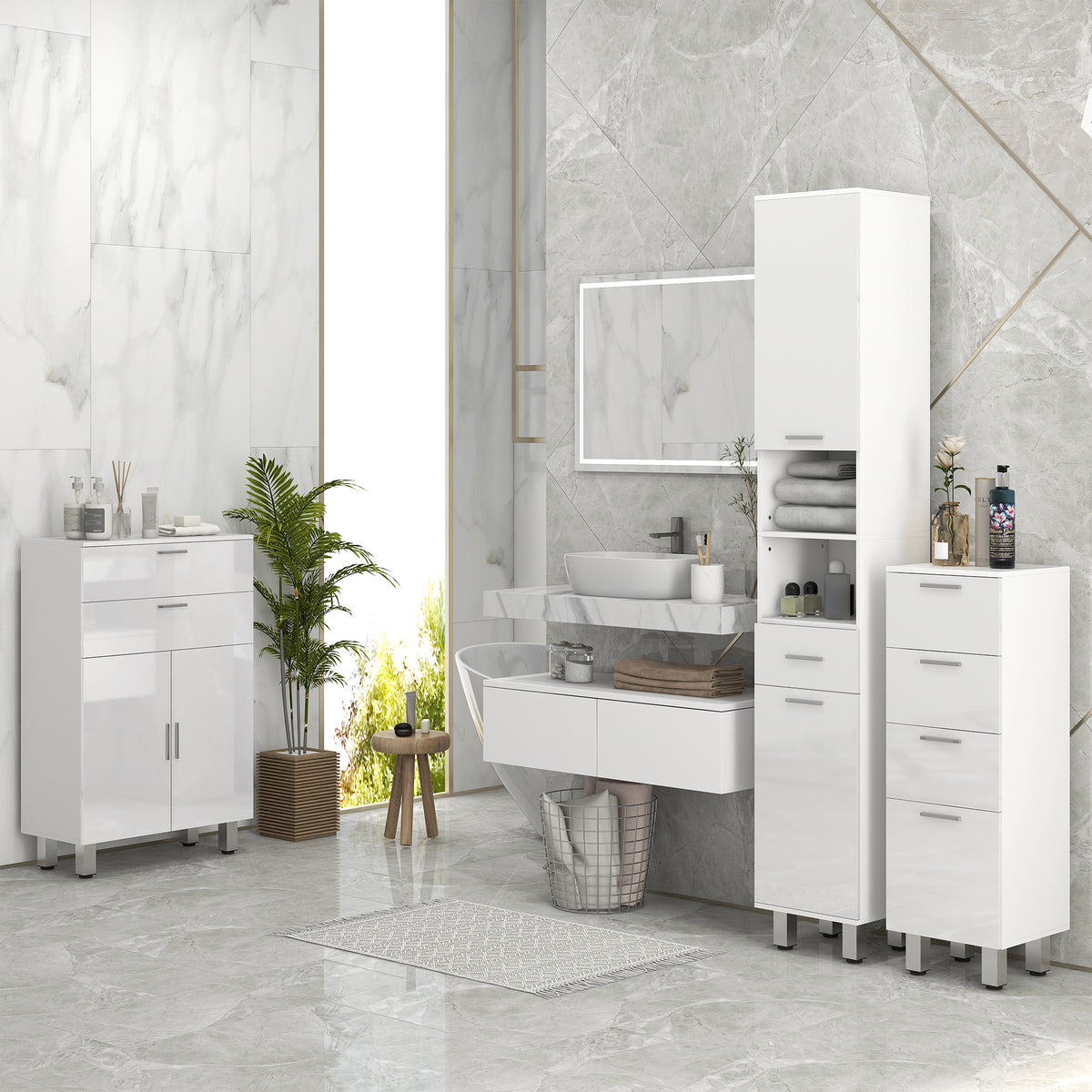 kleankin 71" Tall Slim Bathroom Storage Cabinet, Tall Narrow Cupboard with Drawer, Open Shelves, 2 Doors Cabinets and Adjustable Shelves for Kitchen, Hallway, Living Room, High Gloss White