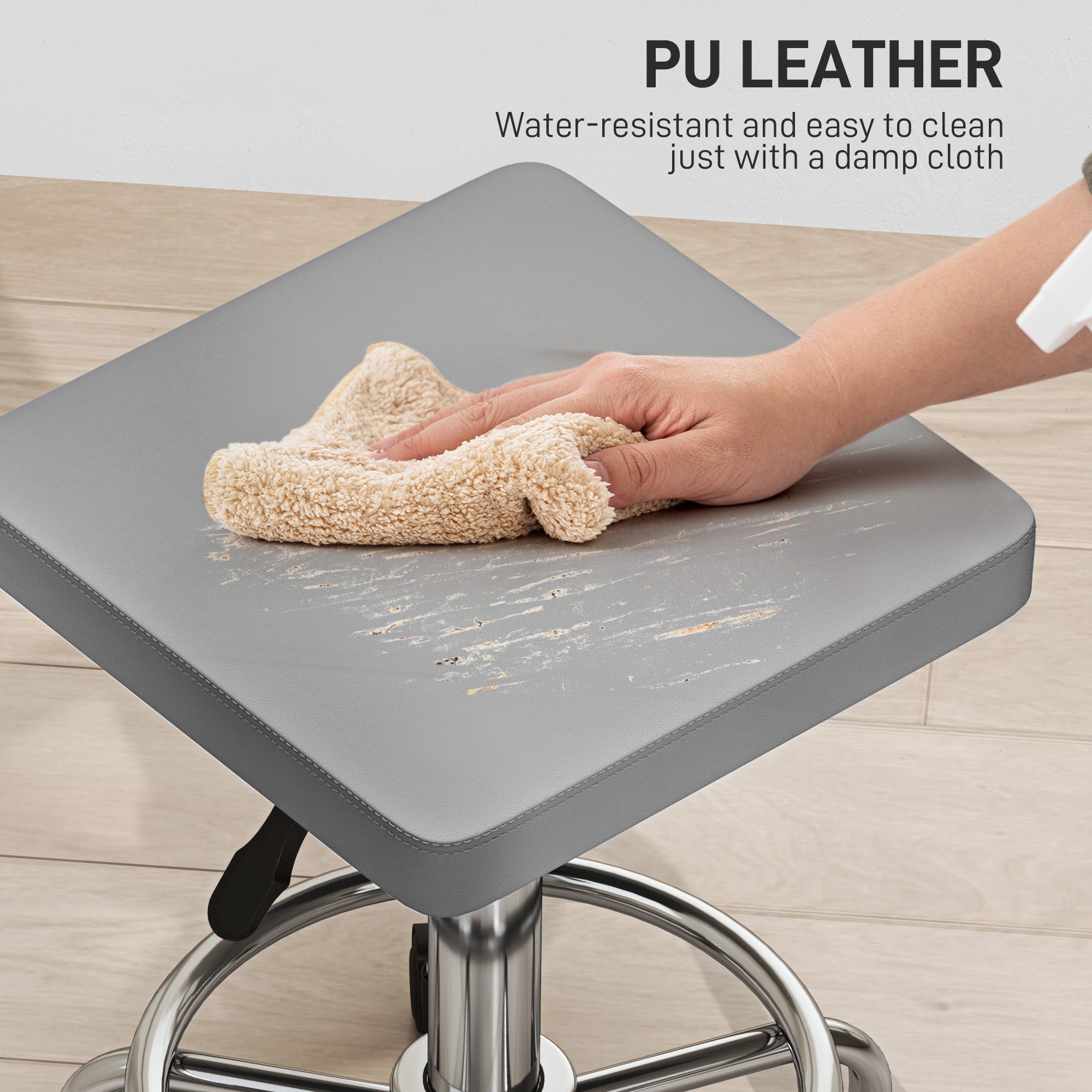 Adjustable PU Leather Rolling Stool with Footrest and Wheels - Grey