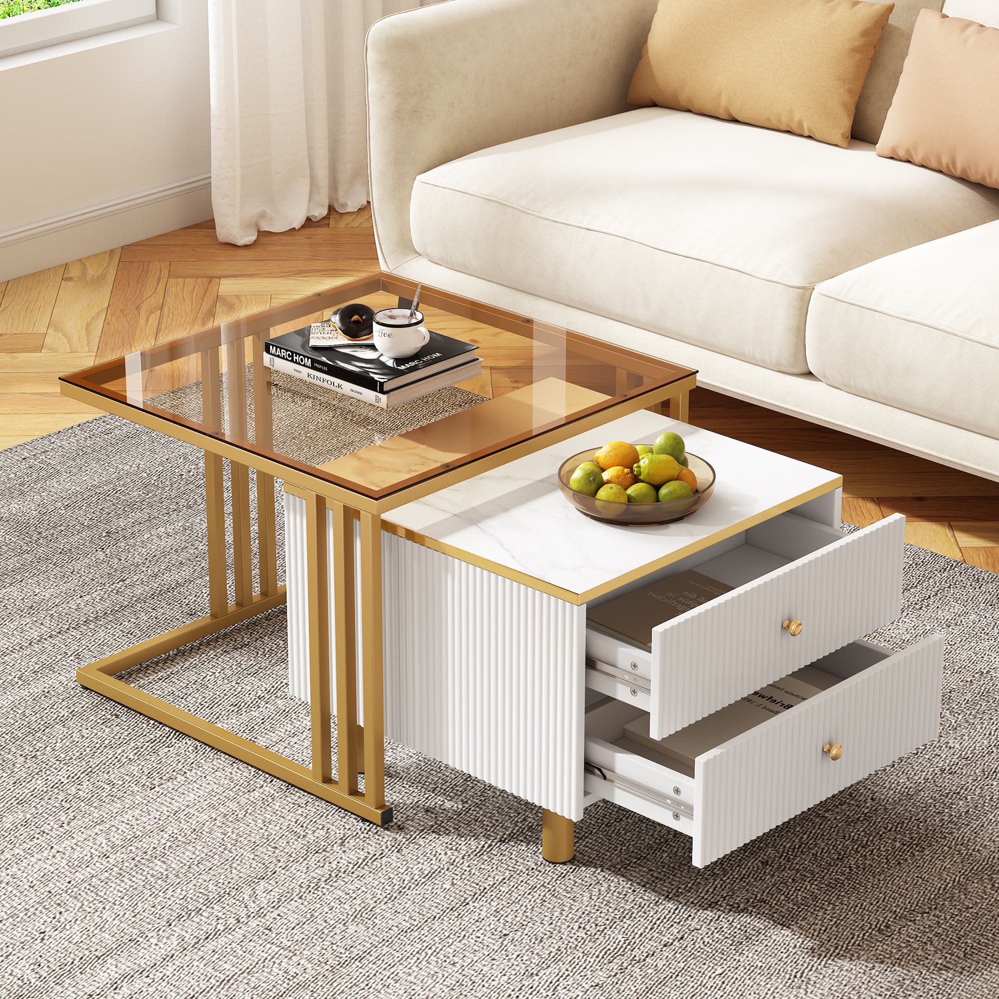 2 Piece Nesting Coffee Table Set with Marble Pattern and Modern Gold Design, Square End Table with Drawer and Metal Frame, Gold+White