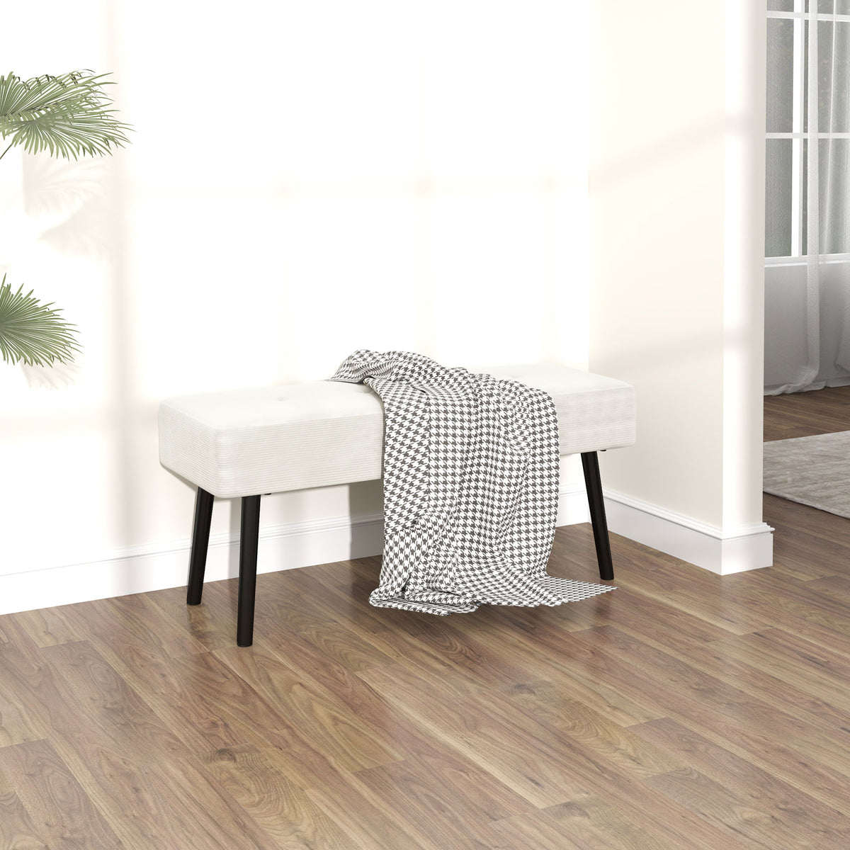 End of Bed Corduroy Bench with Thick Padding and Steel Legs - Cream White