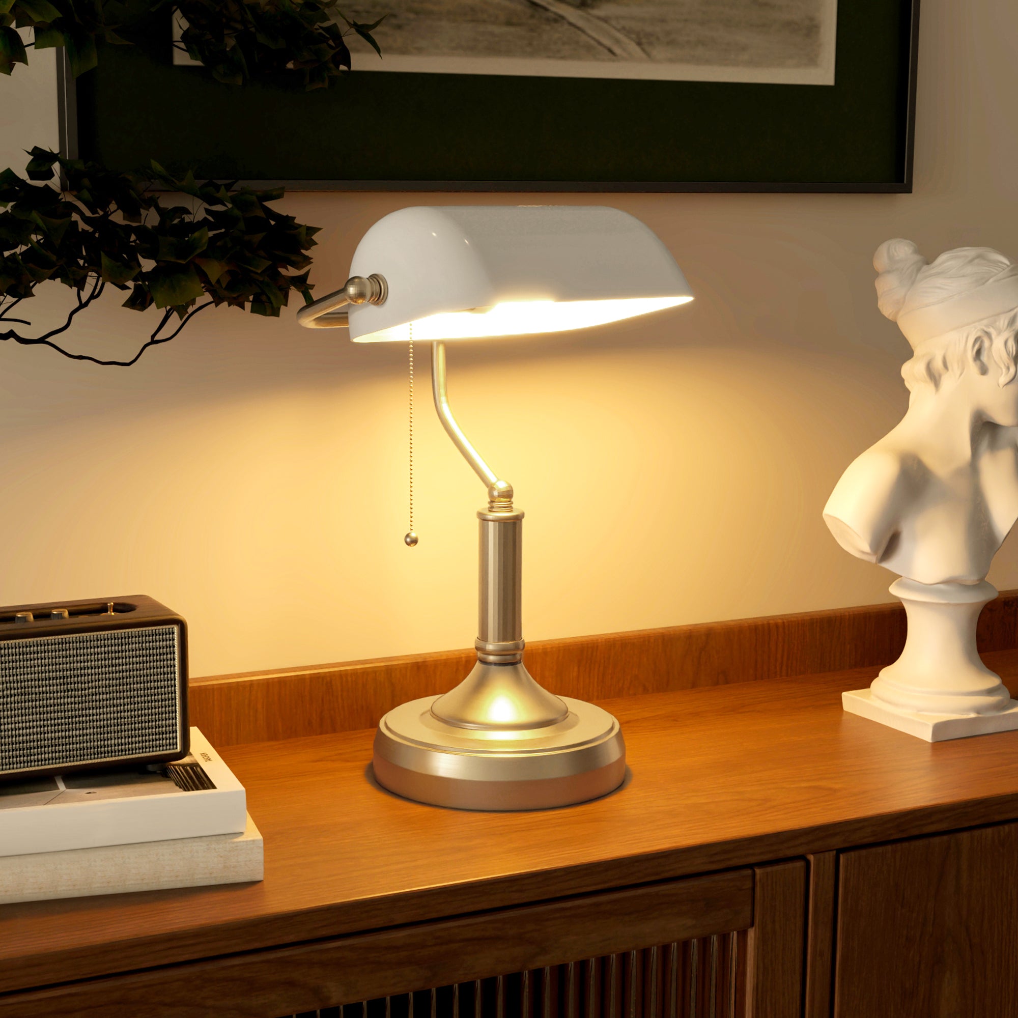 Banker's Desk Lamp with Antique Bronze Tone Base, Table Lamp with White Glass Shade for Home Office, White