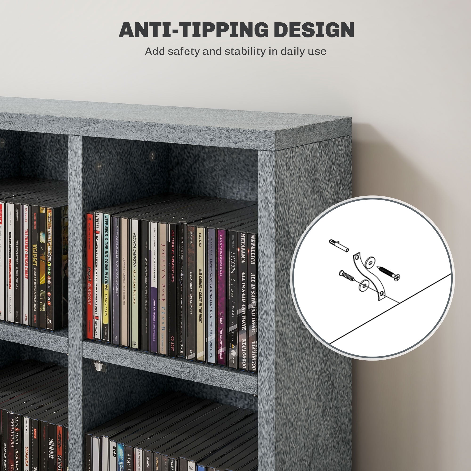 CD Storage Unit with Adjustable Shelves, 89 x 130.5 cm, Cement Grey