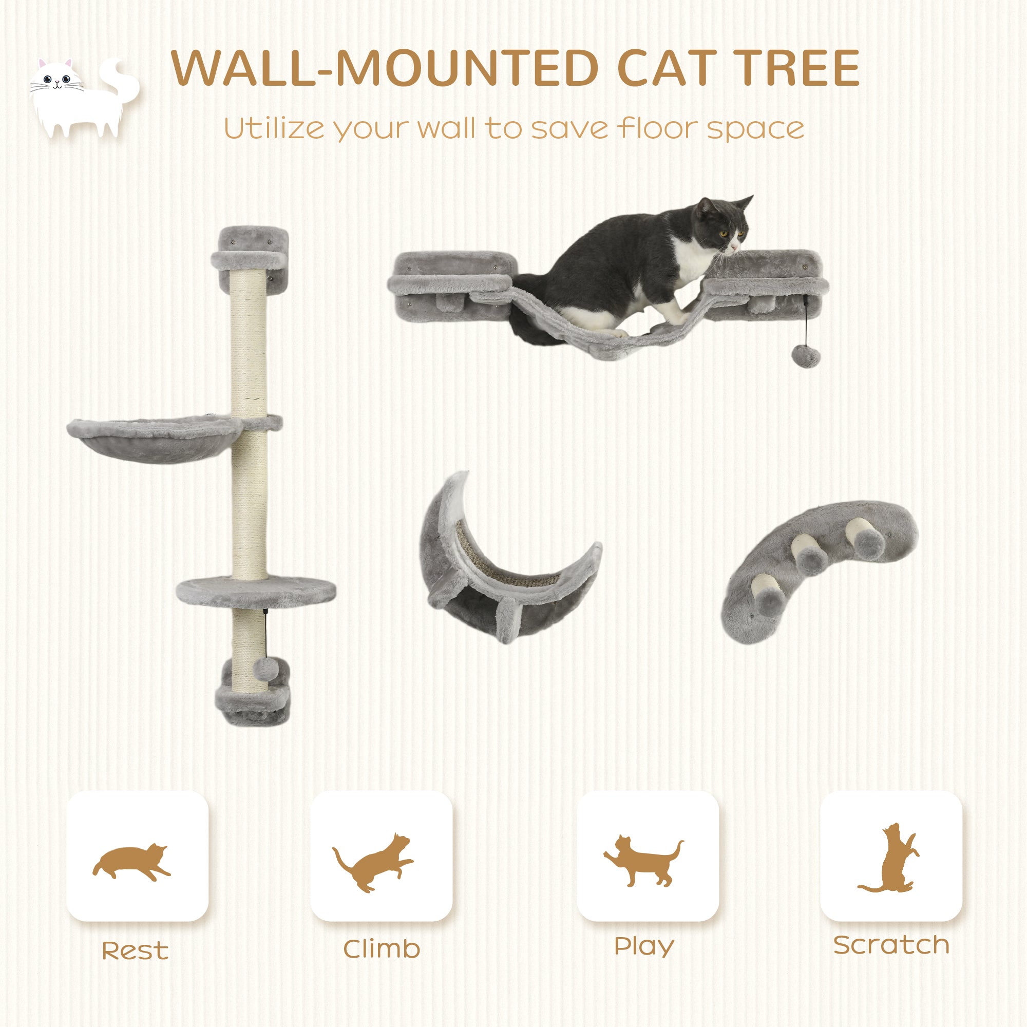 Four-Piece Cat Wall Furniture, with Hammock, Ladder, Platforms, Steps, for Indoor Use - Grey