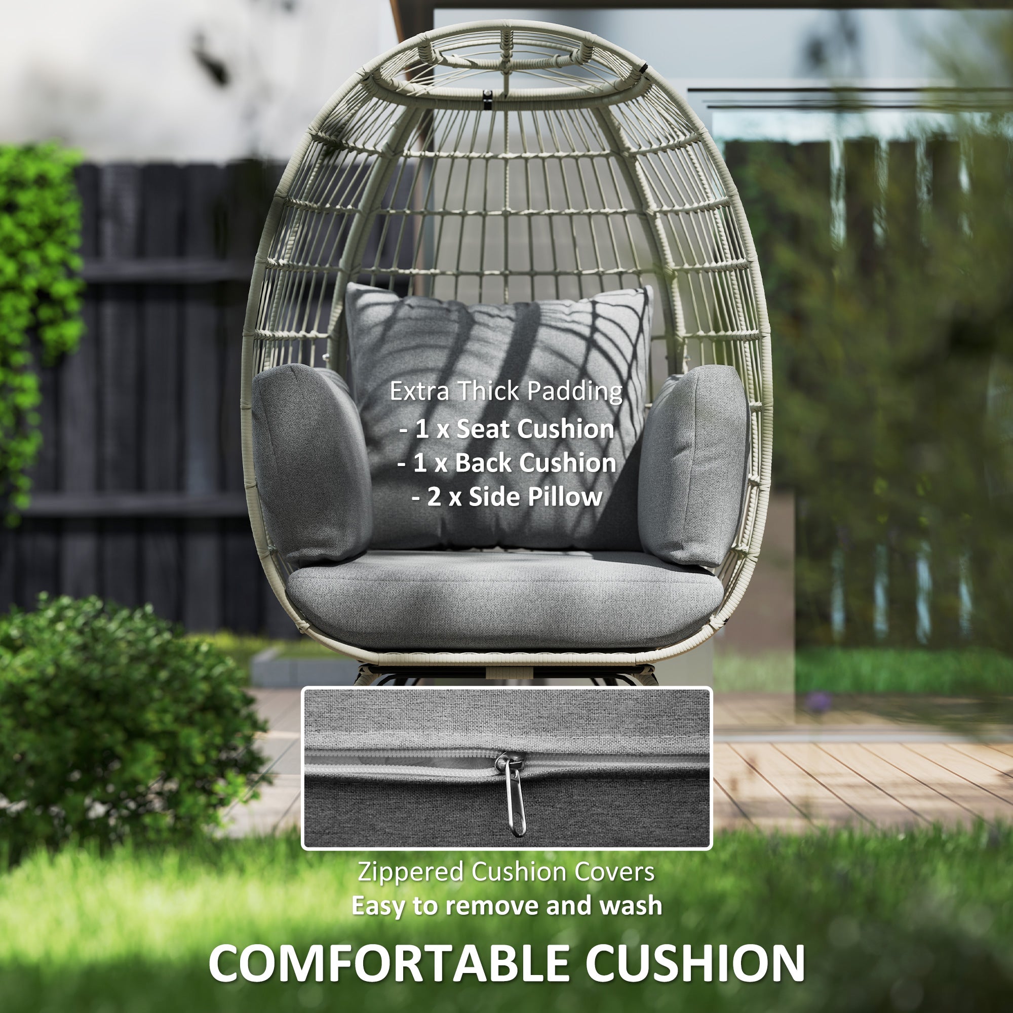 Rattan Egg Chair with Cushions and Pillows - Charcoal Grey