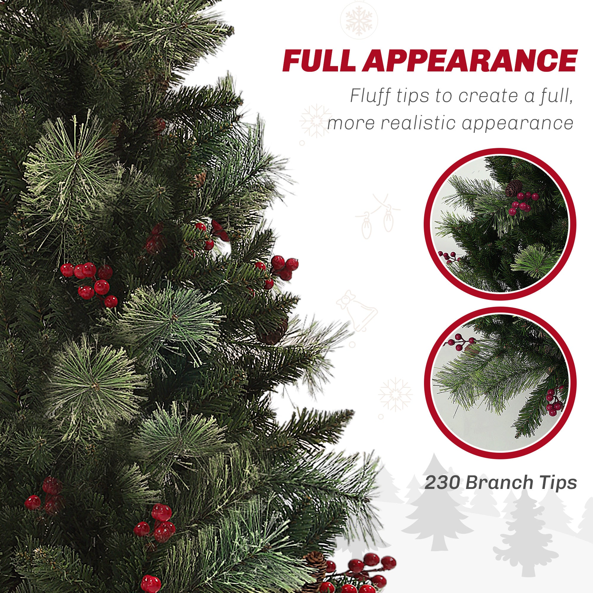 1.2m/4ft Artificial Christmas Tree with 100 Warm White LED Lights and 8 Modes, Small Xmas Tree with Red Berries, Pine Cones and Retro Base, Green