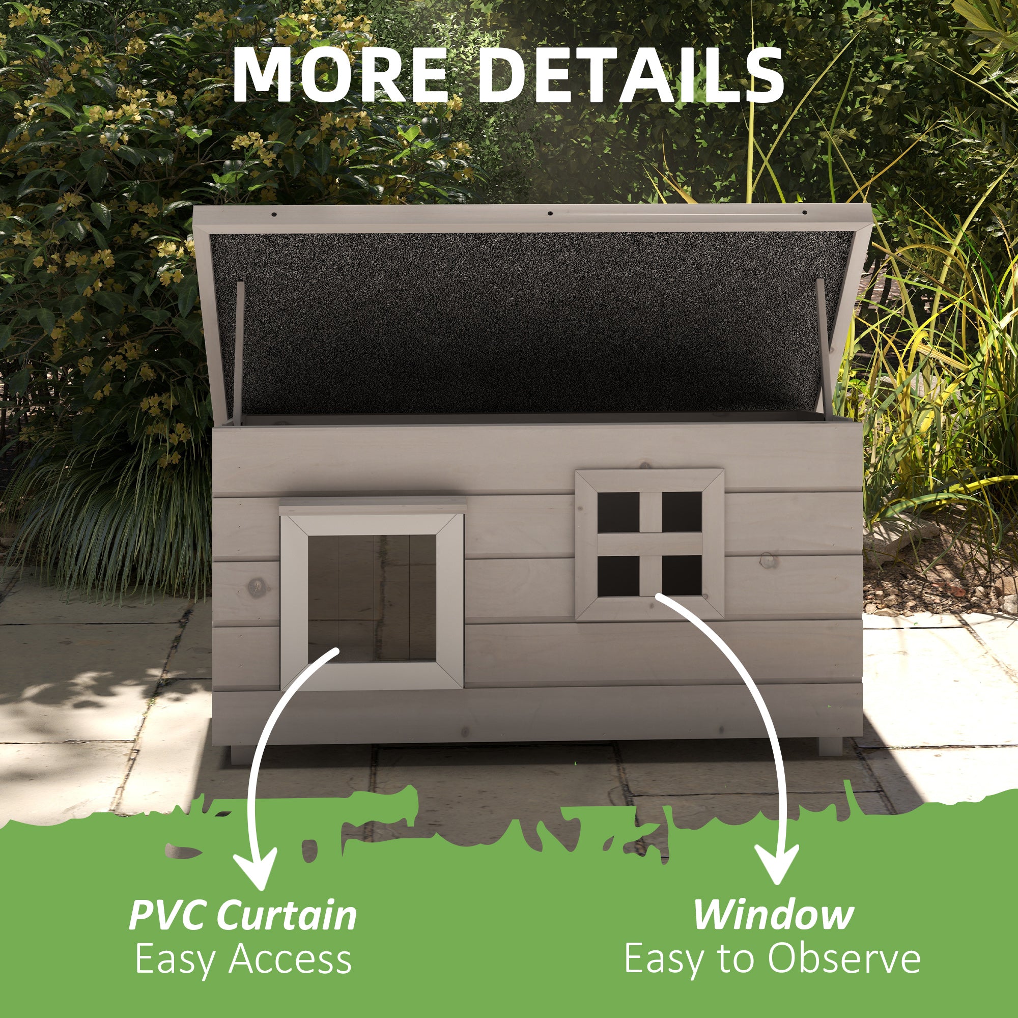 Wooden Outdoor Cat House, Elevated Cat Shelter Kennel, Pet Play House with Openable Top, Asphalt Roof, Window, Grey