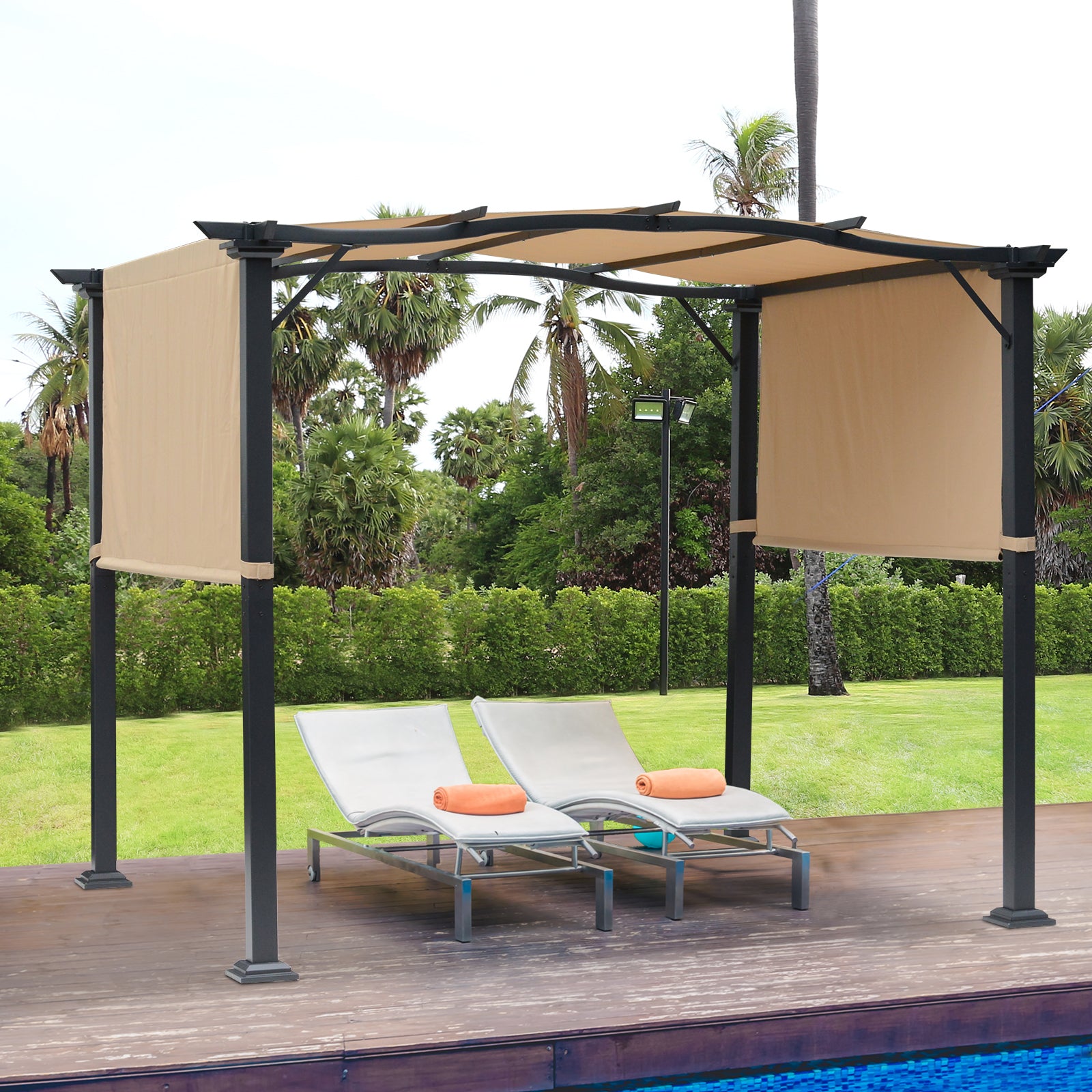 Outdoor Retractable Pergola Garden Gazebo with Two Adjustable Side Canopy Overhead Sun Shade Backyard Canopy Cover, Steel Khaki 2.96x2.45x2.3m