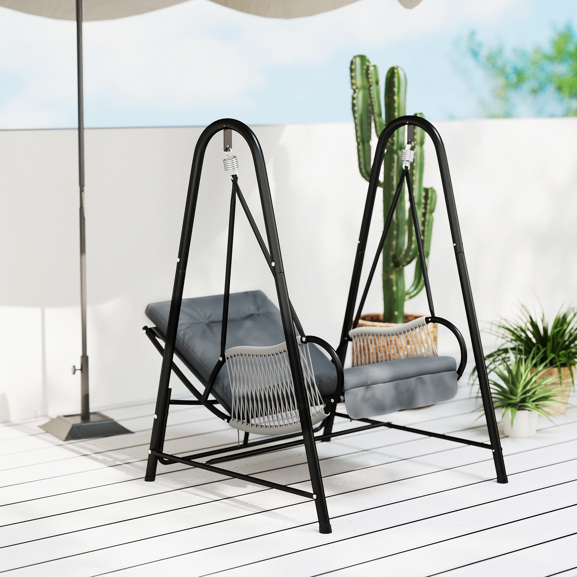 Rattan Outdoor Hanging Swing Chair with Stand and Cushion Light Grey