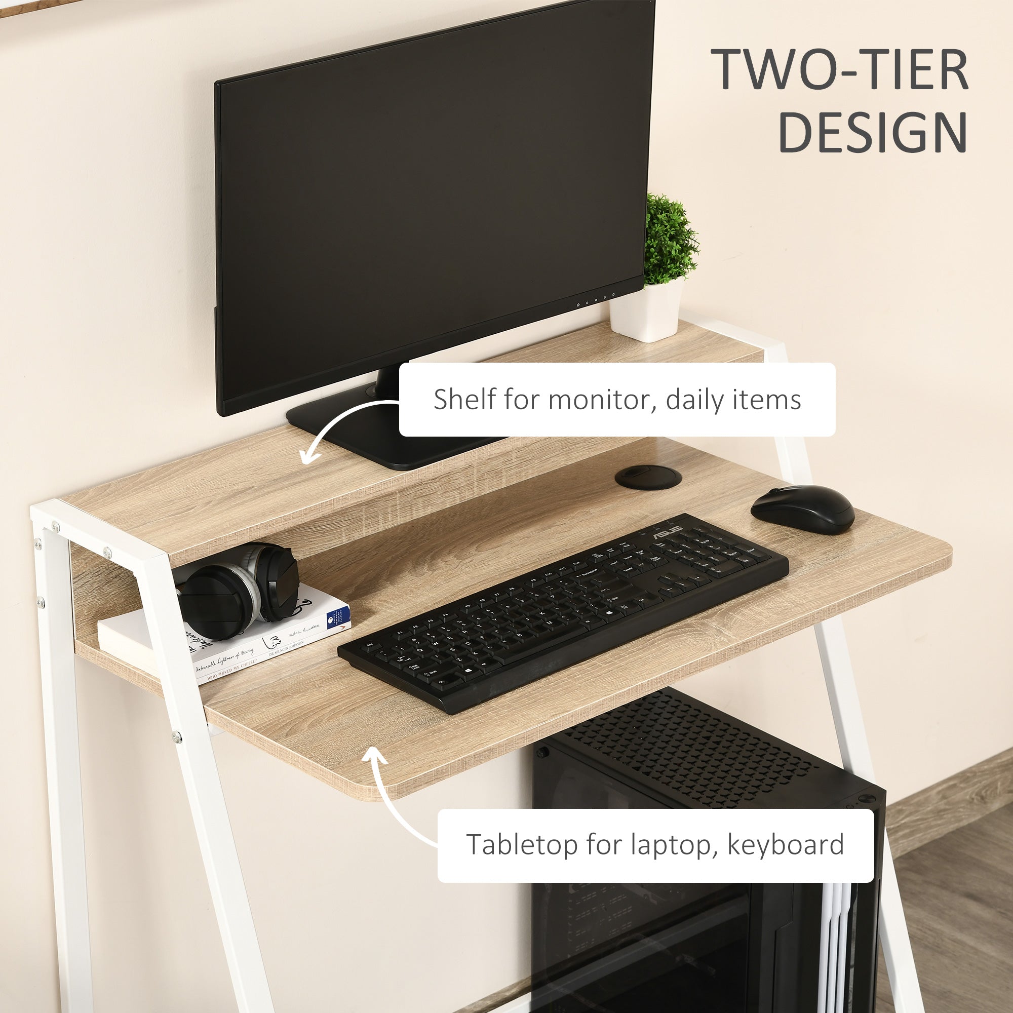 Writing Desk Computer Table Home Office PC Laptop Workstation Storage Shelf 84L x 45W cm White and Oak