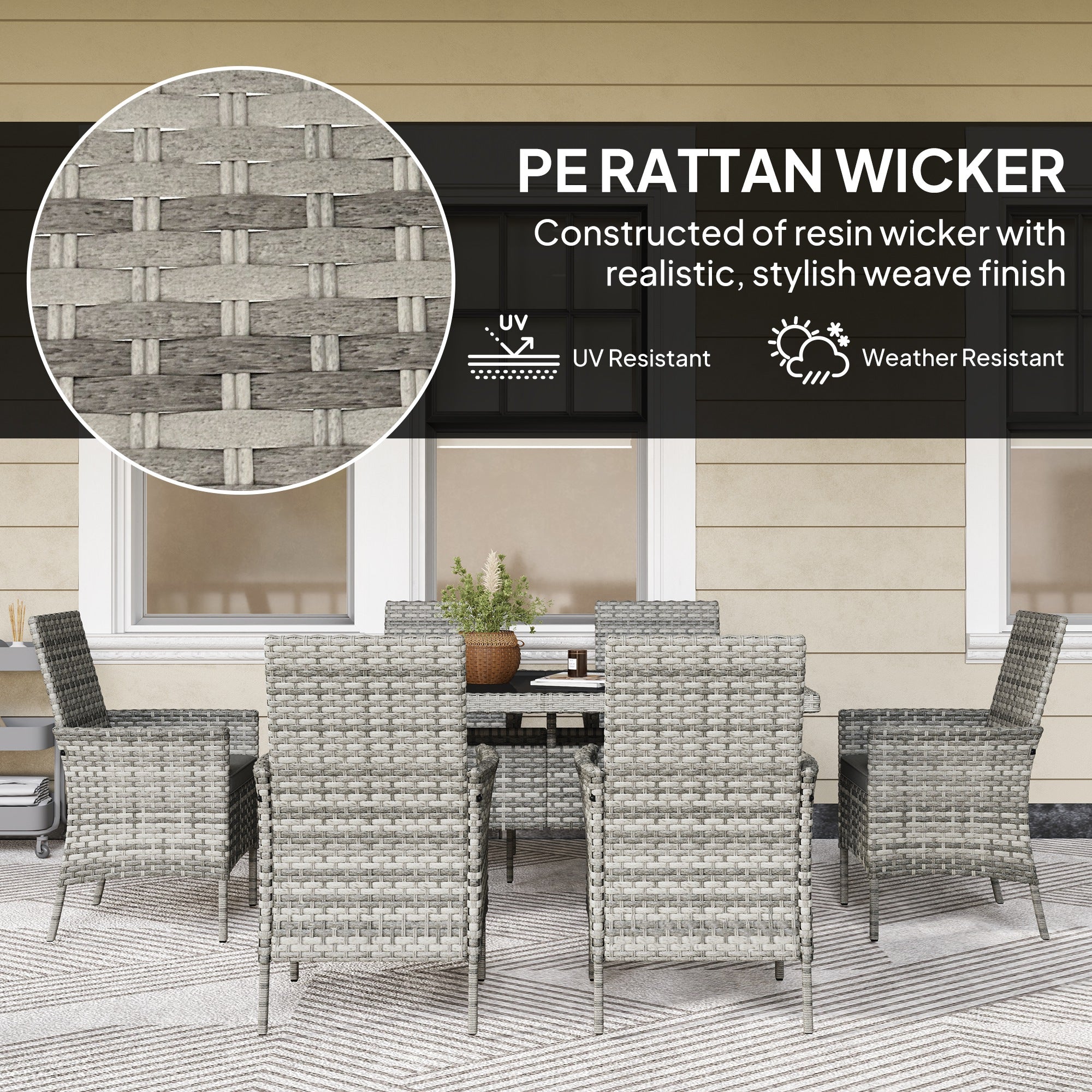 Seven-Piece Rattan Dining Set - Mixed-Grey