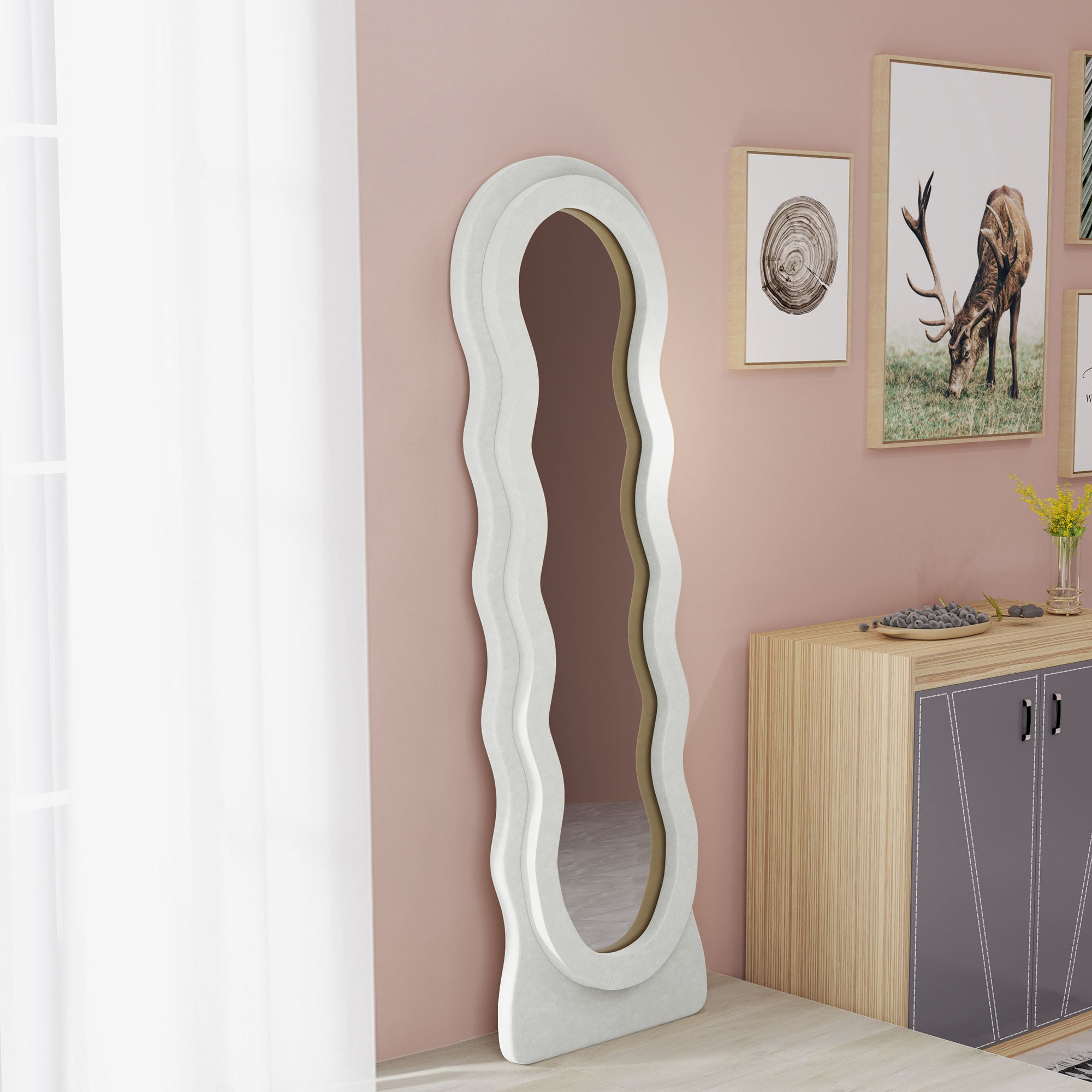 Wavy Velvet-Feel Full Length Mirror - White