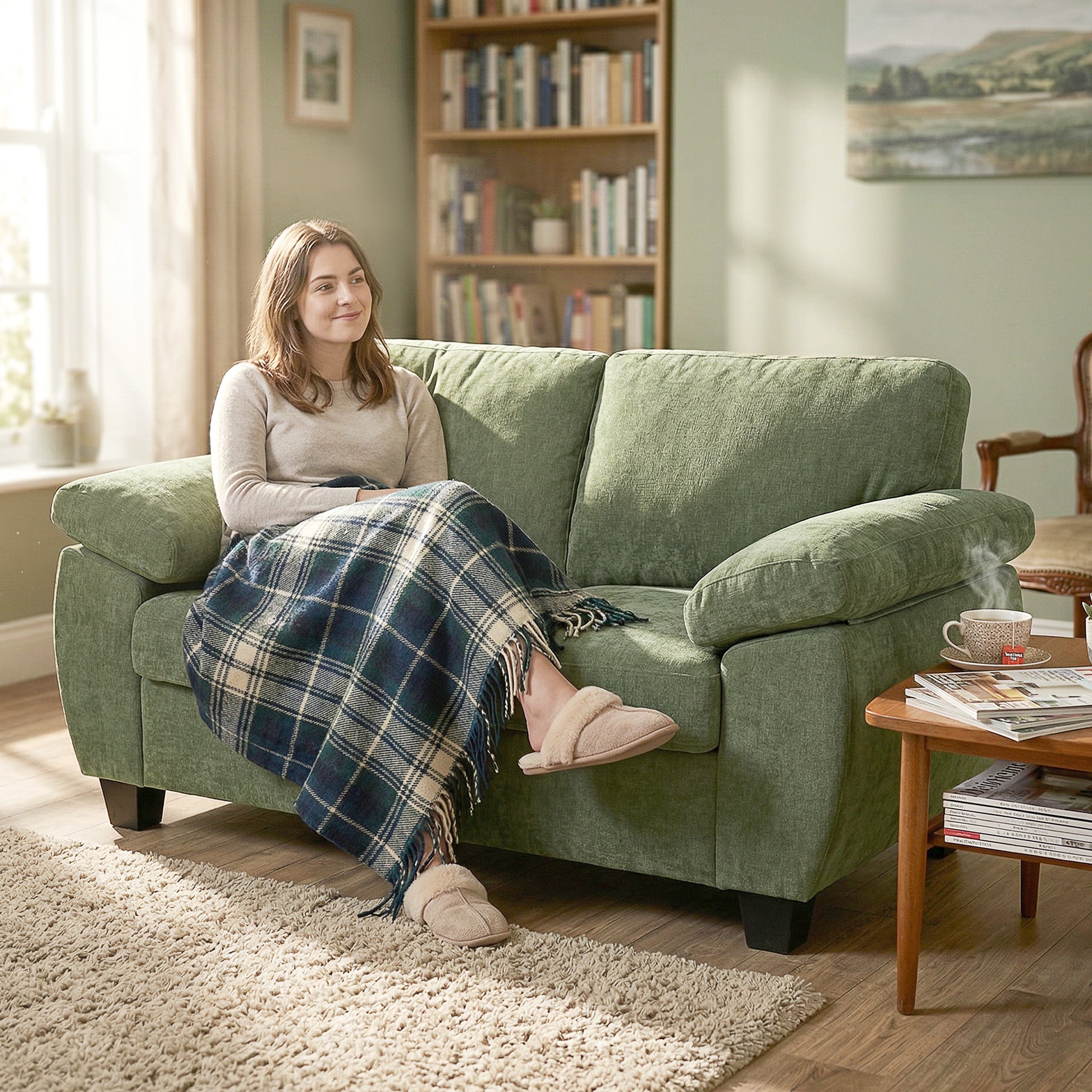 2 Seater Sofa, 156cm Chenille Loveseat Sofa, Dark Green