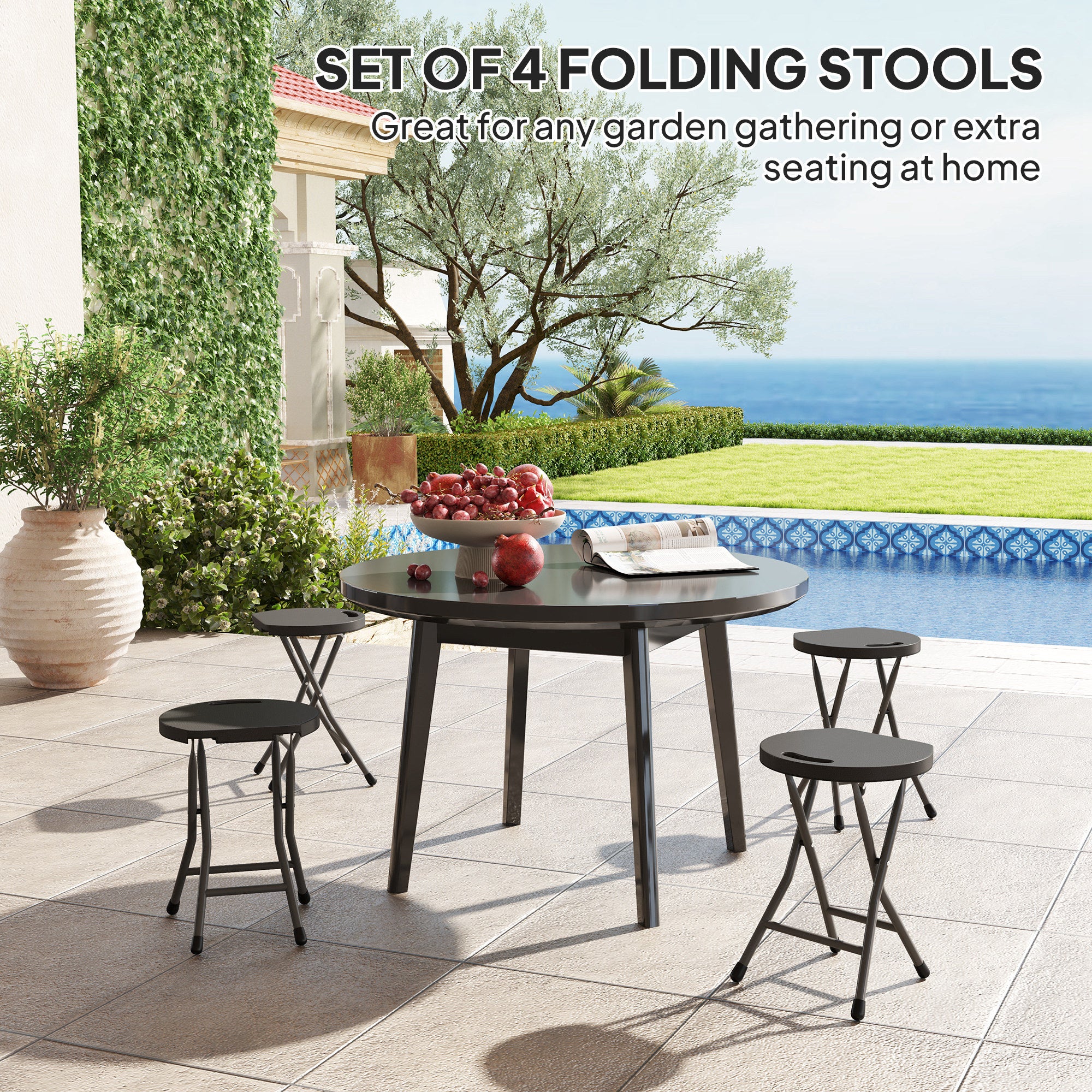 Set of 4 Folding Carry Stools with Powder-Coated Steel Legs - Charcoal Grey