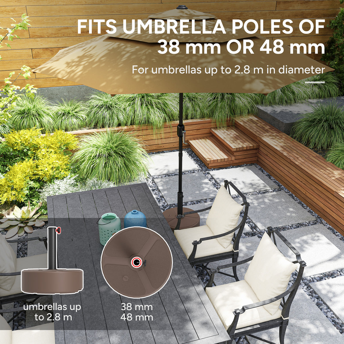 Heavy Duty Round Garden Parasol Base for 38-48mm Poles - Black