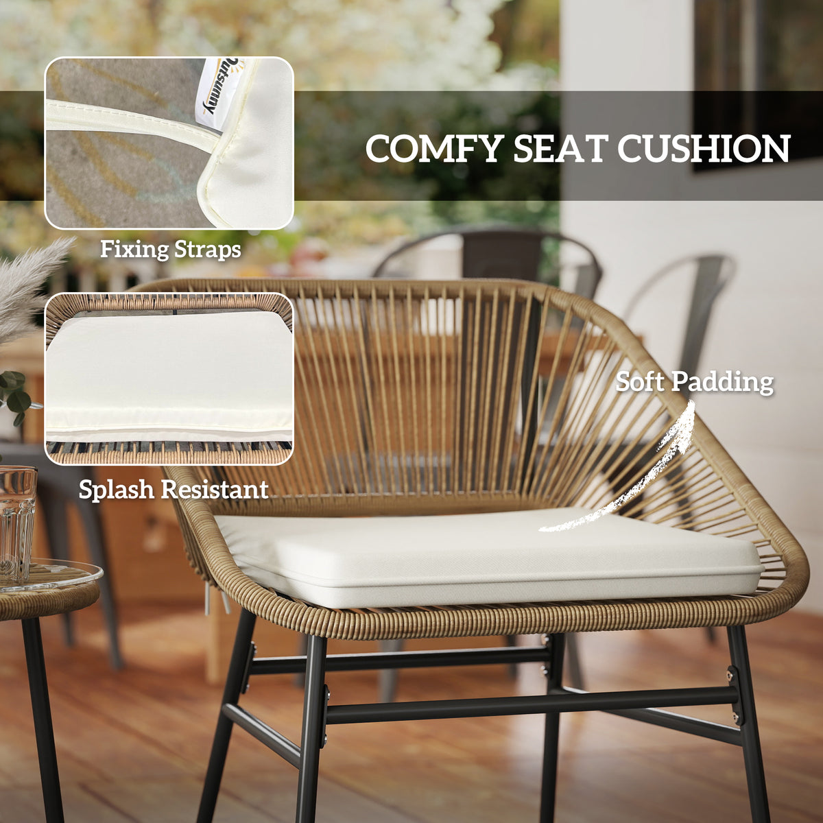3 Pieces Rattan Bistro Set with Cushions and Glass Top Table for Outdoor Patio Balcony - Natural