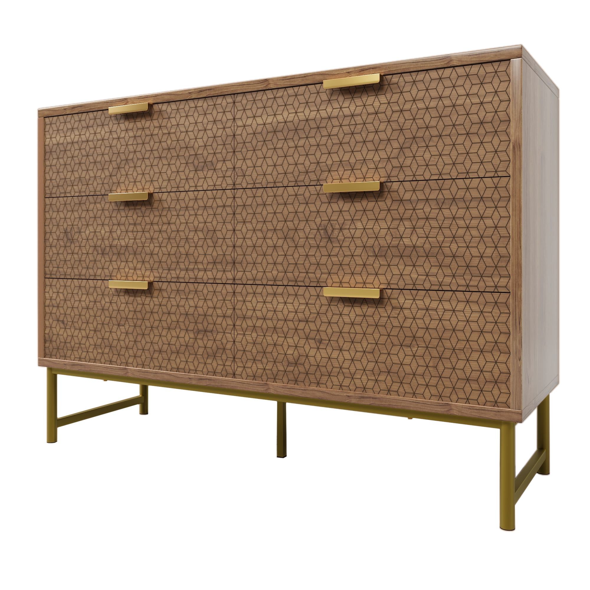 Embossed Design Sideboard Cabinet Dresser with 6 Drawers, Anti-tip, Storage Cabinet for Hallway, 120L x 40W x 75H cm, Walnut