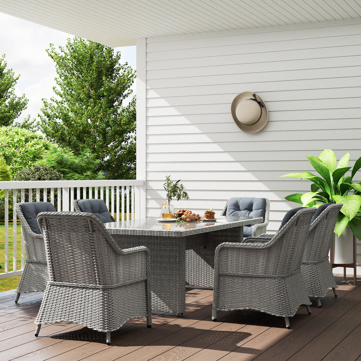 6 Seater PE Rattan Dining Set with Cushions and Glass Table - Grey