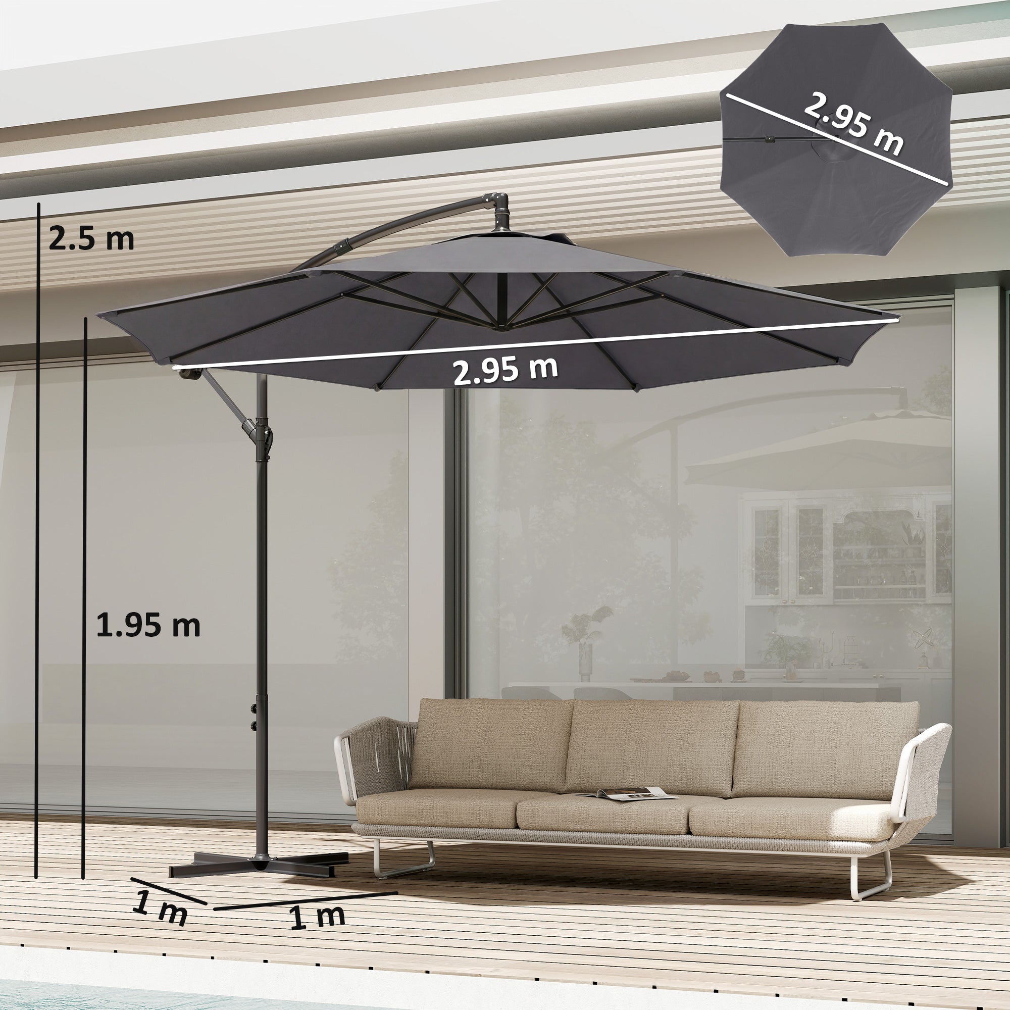 3 m Overhanging Cantilever Parasol, with Cross Base - Grey