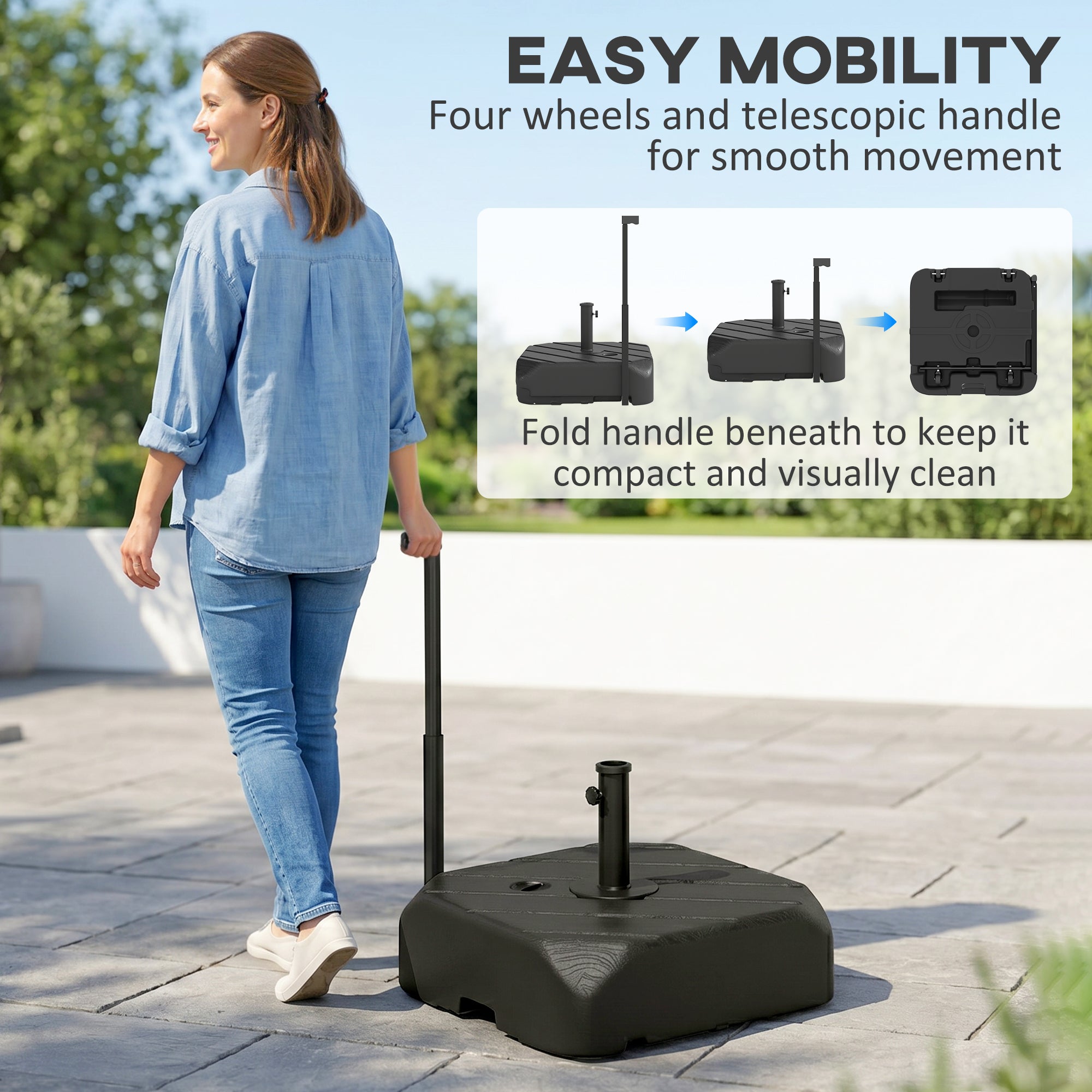 Garden Parasol Base with Wheels, Telescopic Handle, 72 kg /45 kg Fillable Sun Umbrella Base Parasol Stand, Black