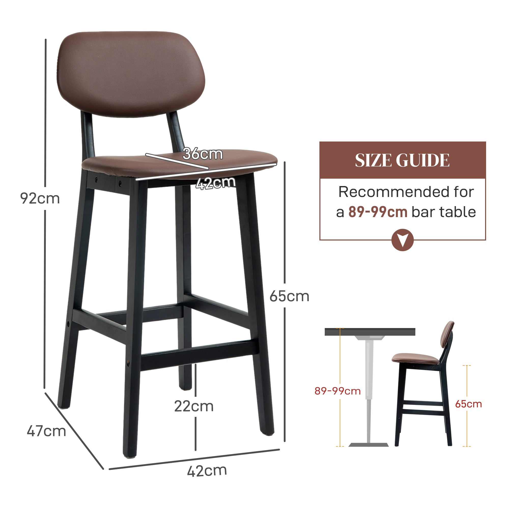 Bar Stools Set of 2, Contemporary Breakfast Bar Chairs, Faux Leather Upholstered Kitchen Stools with Backs and Solid Wood Legs, Brown