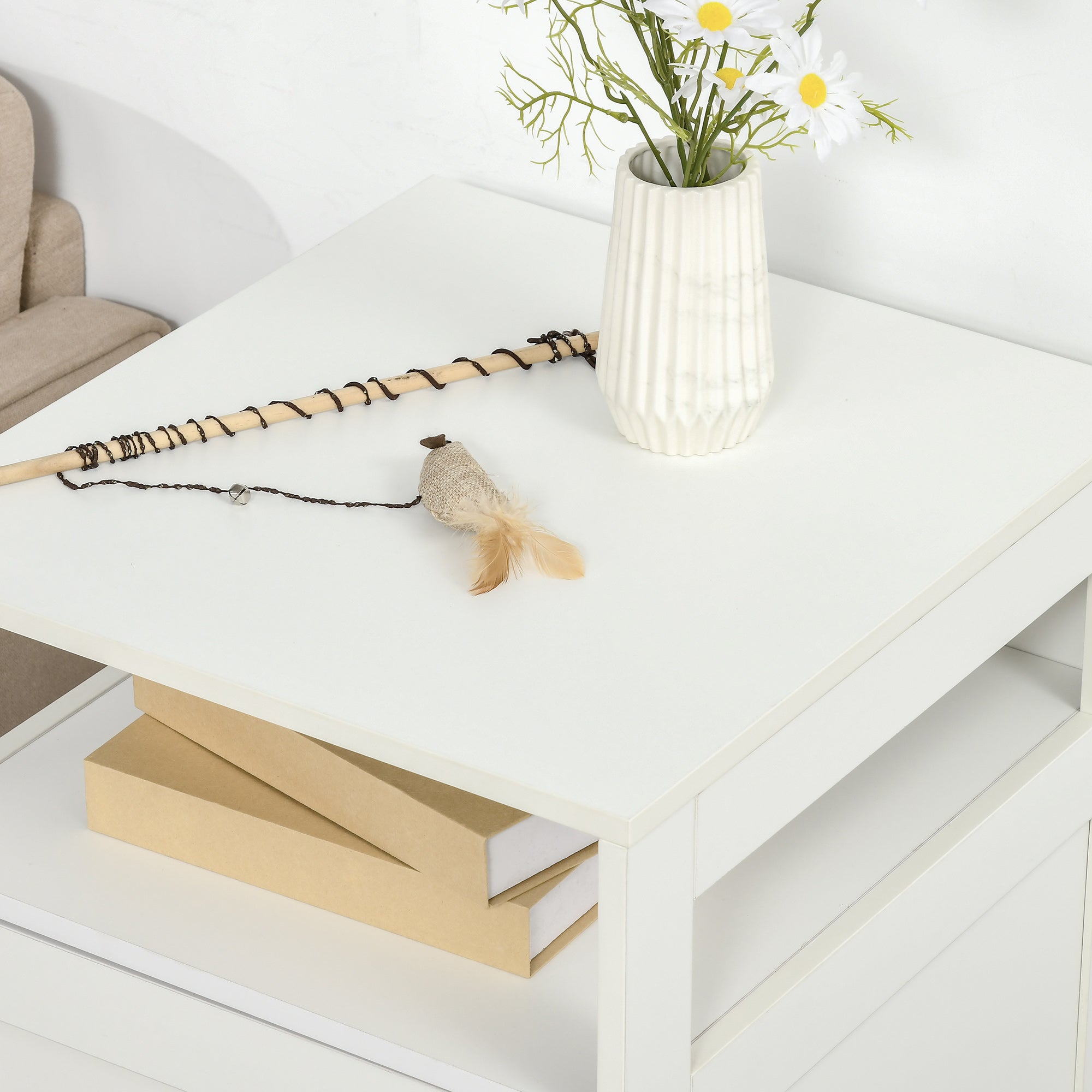 Cat Litter Box Enclosure Washroom Cave House Decorative End Table Wooden Cabinet Indoor with Magnetic Door Multiple Storage Space White