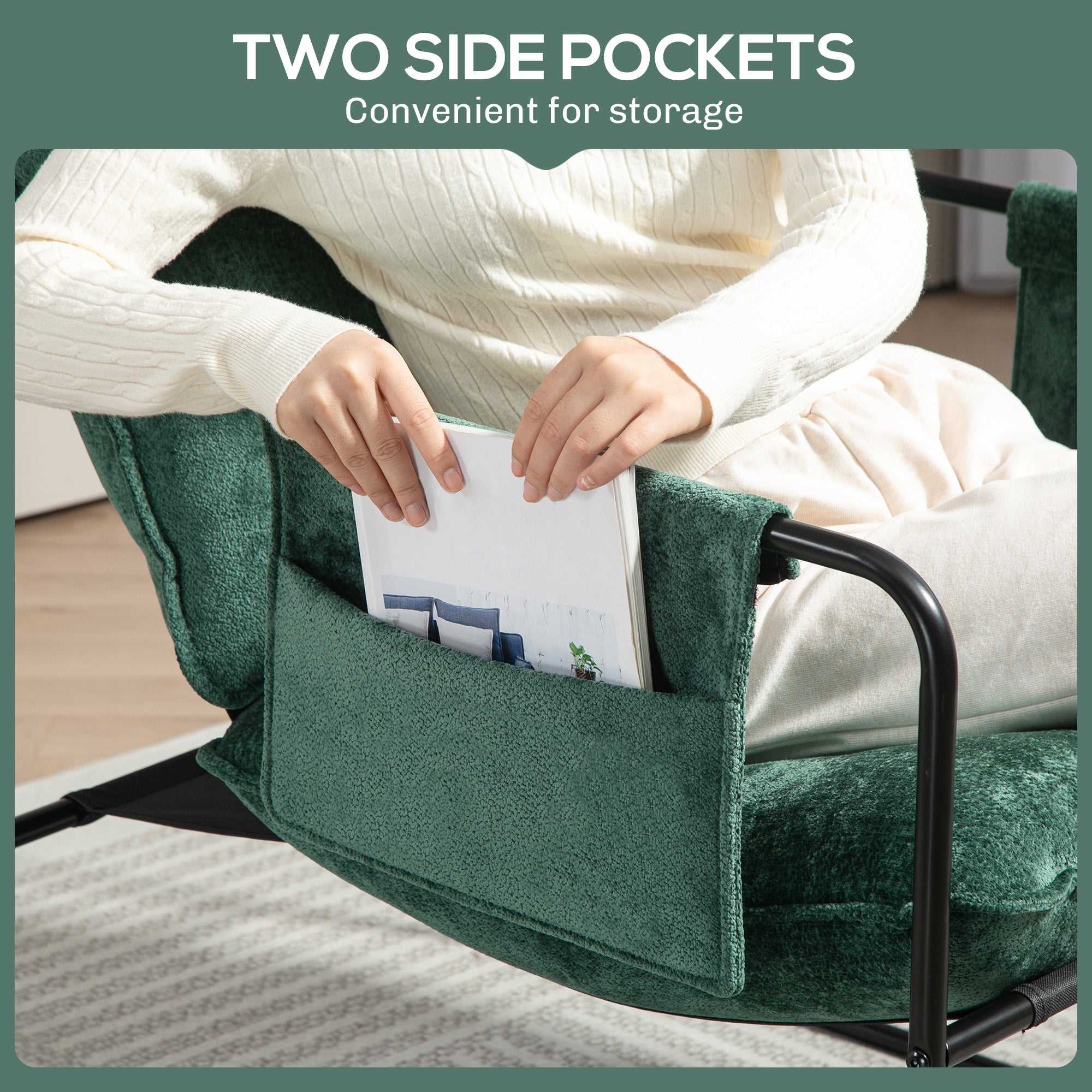 Minimal Padded Accent Chair with Side Pockets - Green