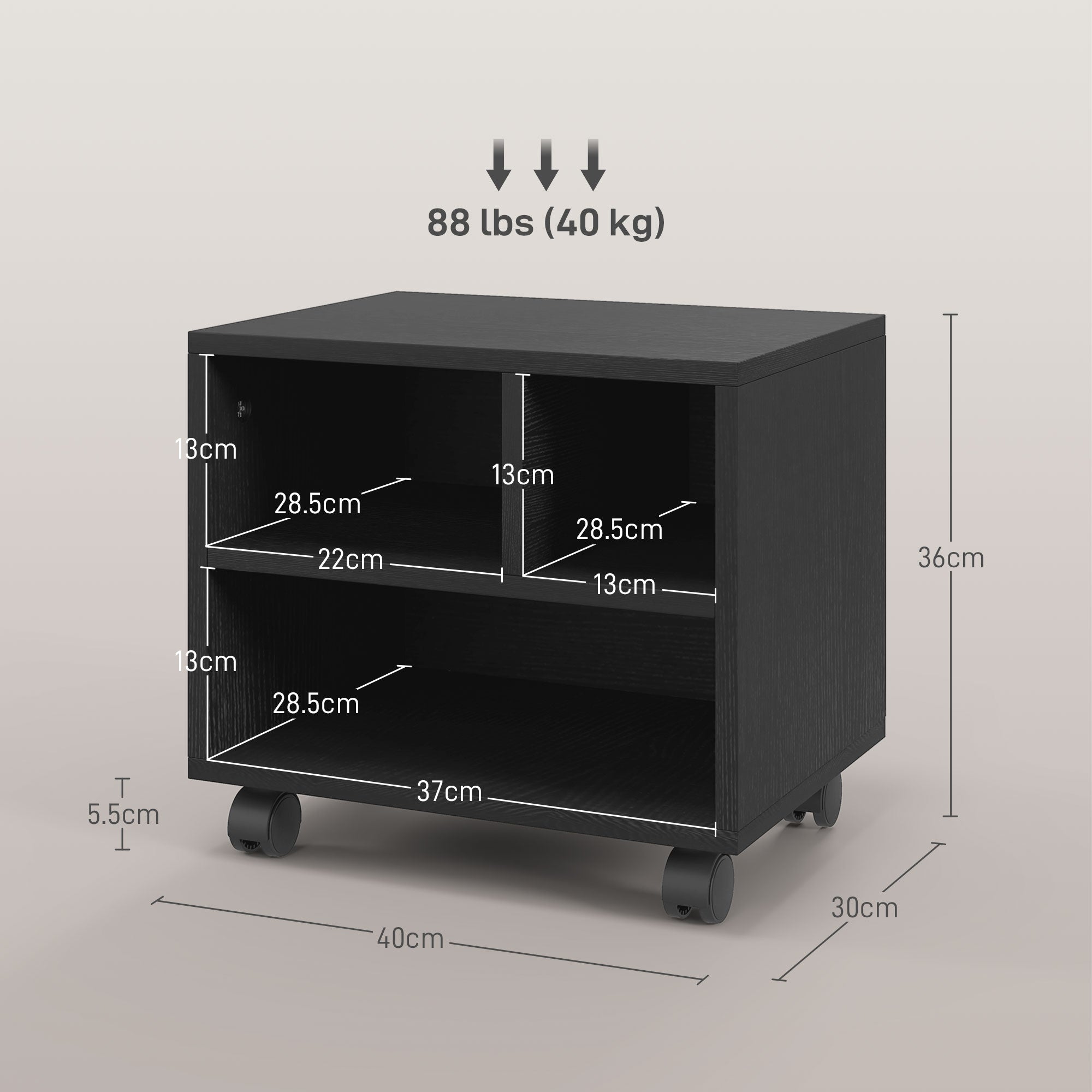 Three-Compartment Printer Cabinet with Wheels for Office Storage - Black