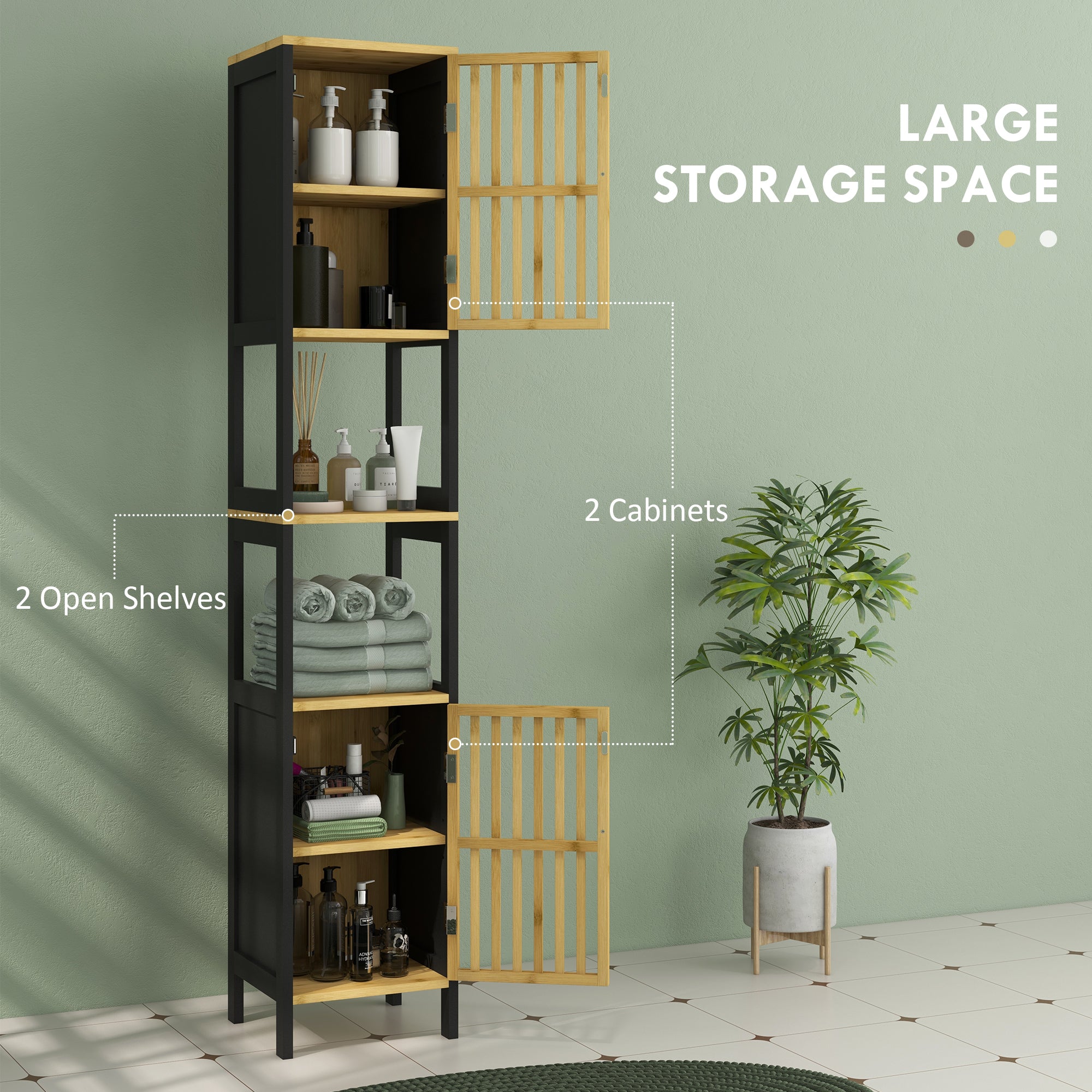 Bamboo-Blend Retro Cut-Out Tall Bathroom Storage Unit