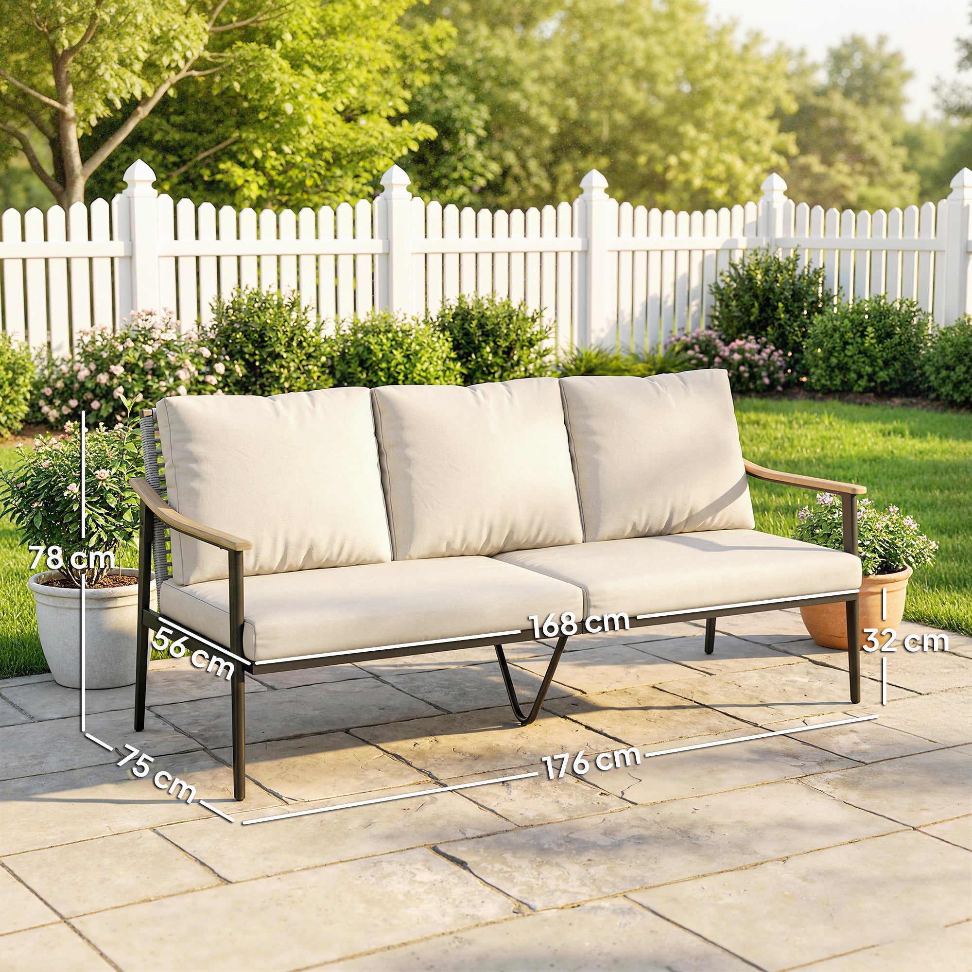 3 Seater Rattan Sofa, Outdoor Garden Sofa with Wood-Effect Armrests, Cushions for Patio, Balcony, Khaki