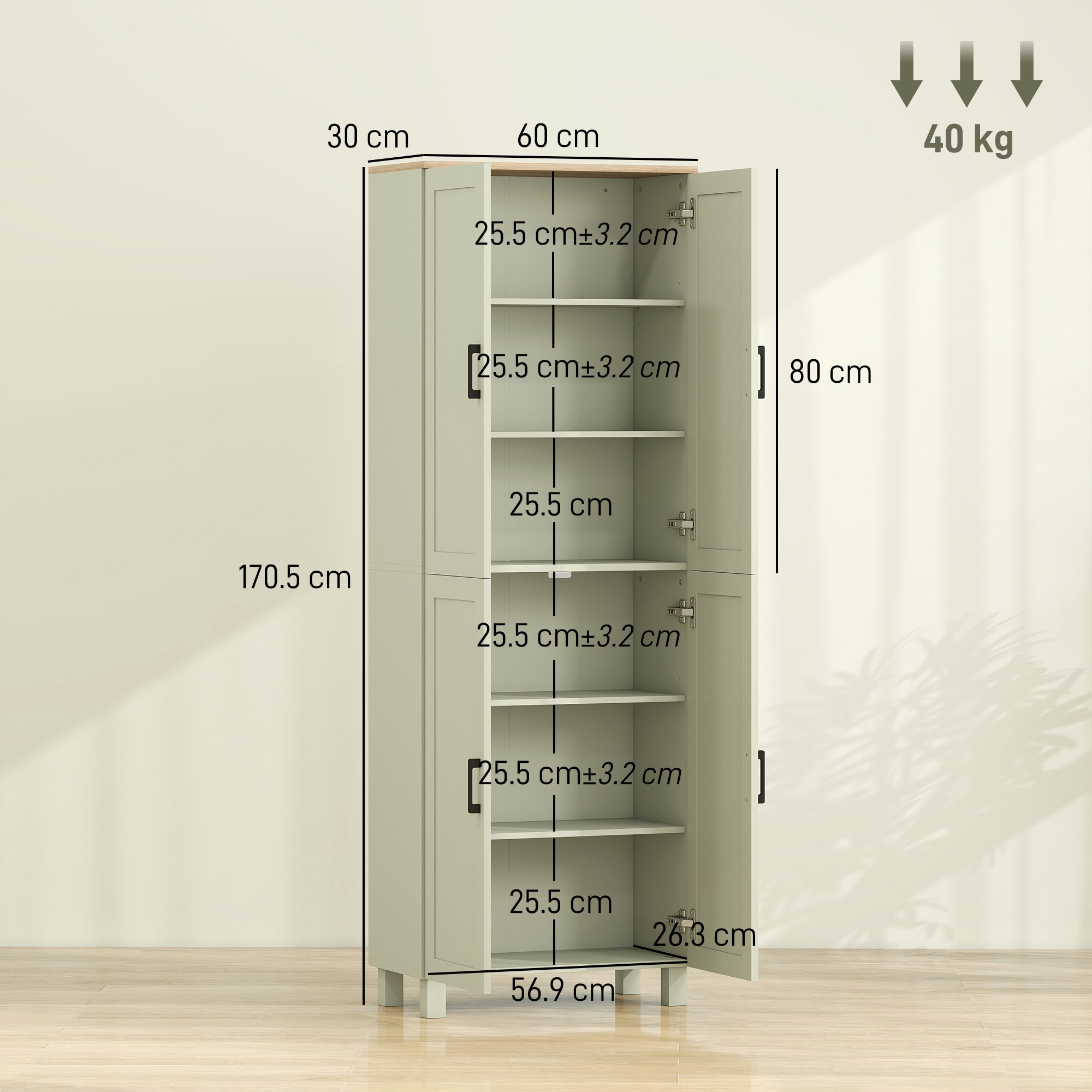 Freestanding Kitchen Cupboard, 4-Door Storage Cabinet with Adjustable Shelves, Modern Kitchen Pantry, 170cm, Green