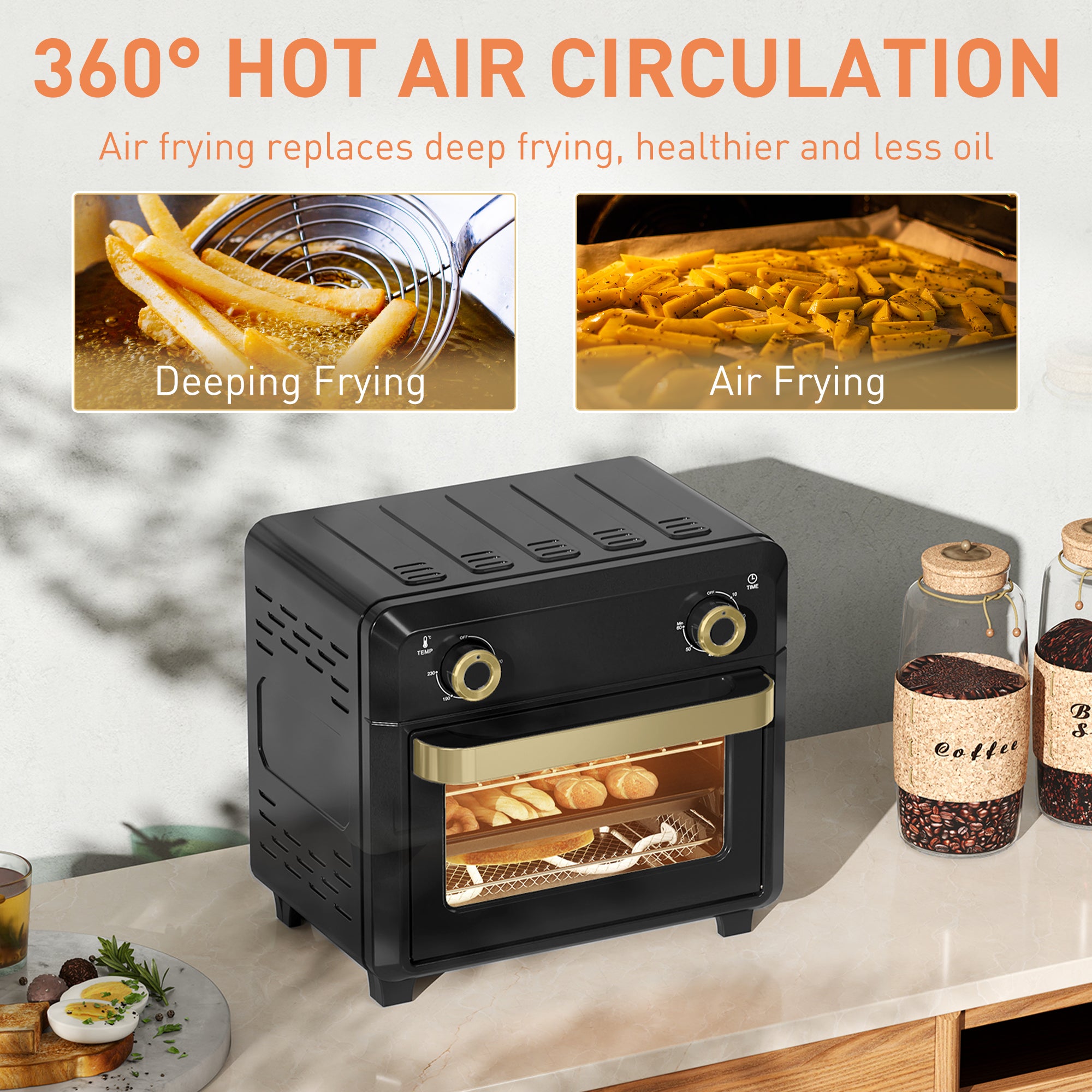 10L Air Fryer Oven, Mini Oven, Oil Free Cooking, Grill, Roast, Bake, with Adjustable Temperature, Timer, Touch Screen, Dishwasher Safe, 1000W, Black