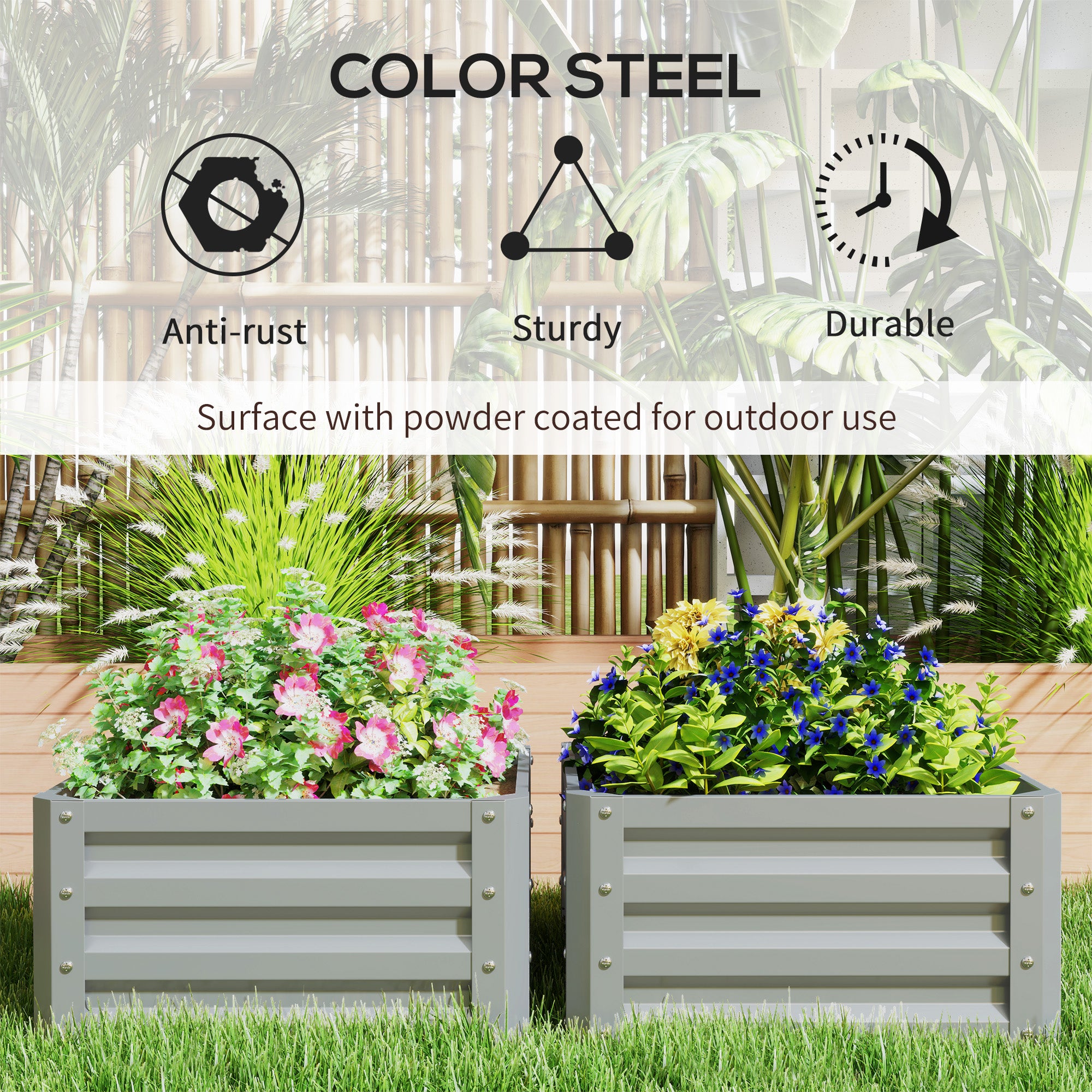 Set of 2 Galvanised Steel Raised Planter Boxes 60x60cm Light Grey
