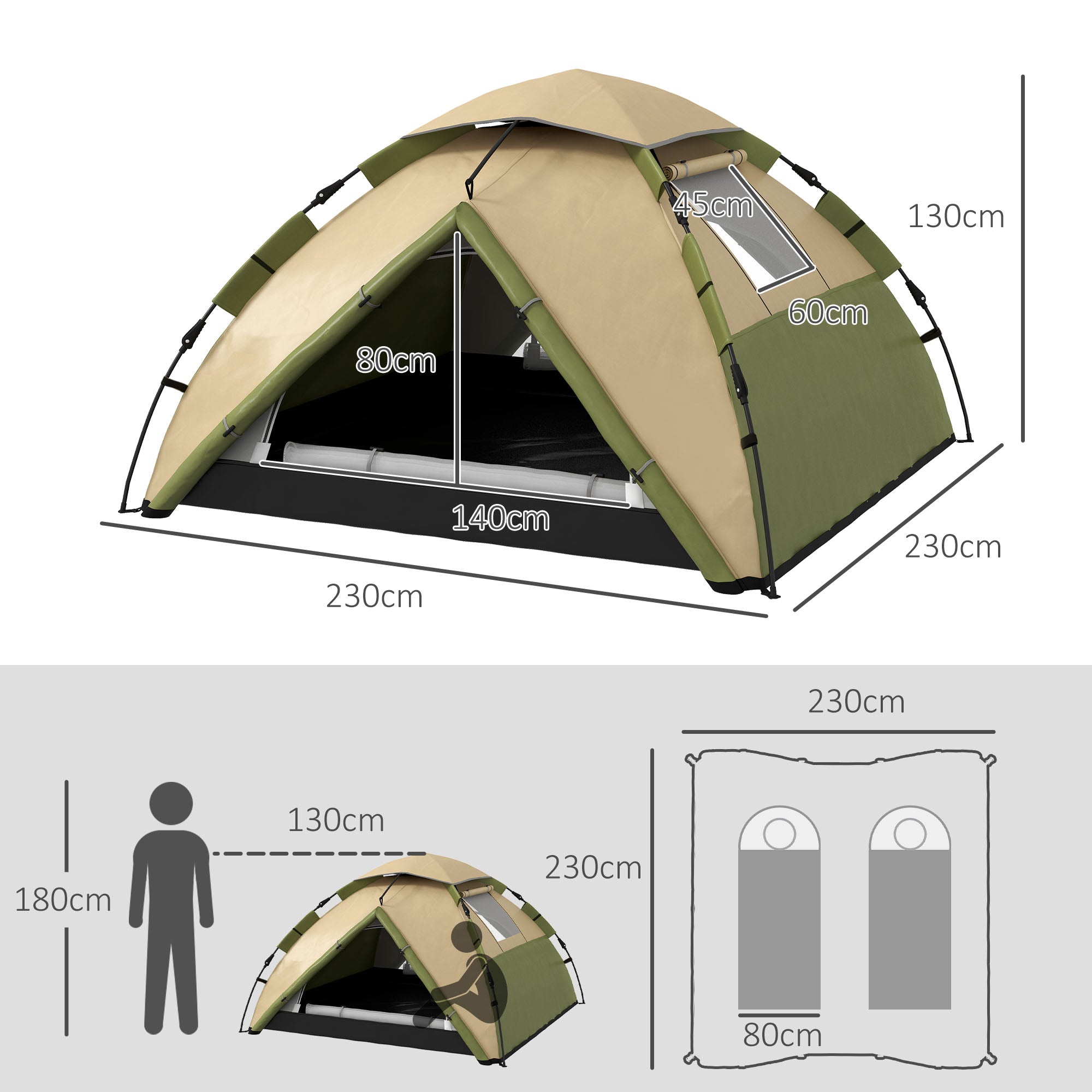 Two-Man One Room Camping Tent, with Accessories - Dark Green