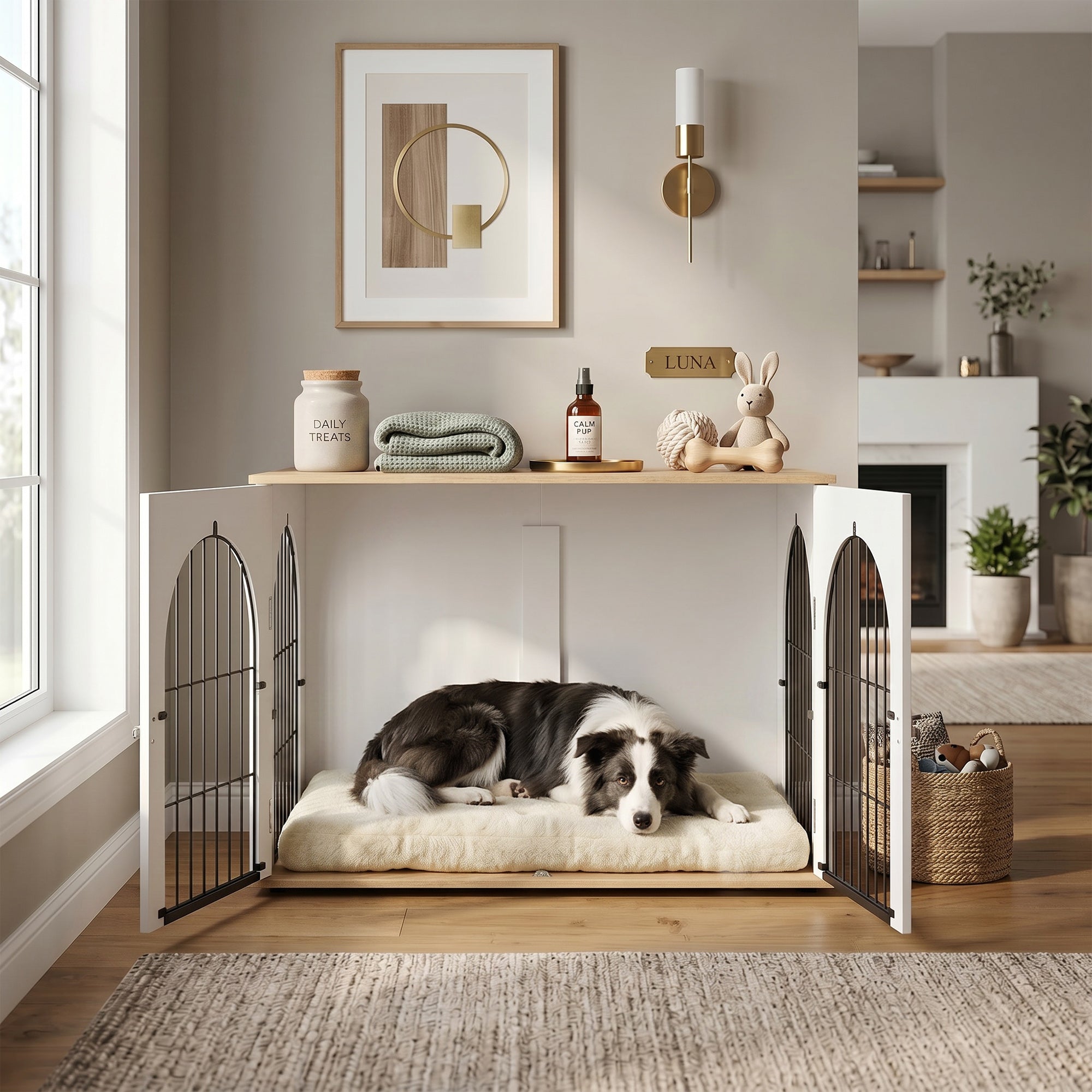 Dog Crate Furniture, Indoor Dog Cage with Double Doors for Large Breeds, Pet Kennel End Side Table