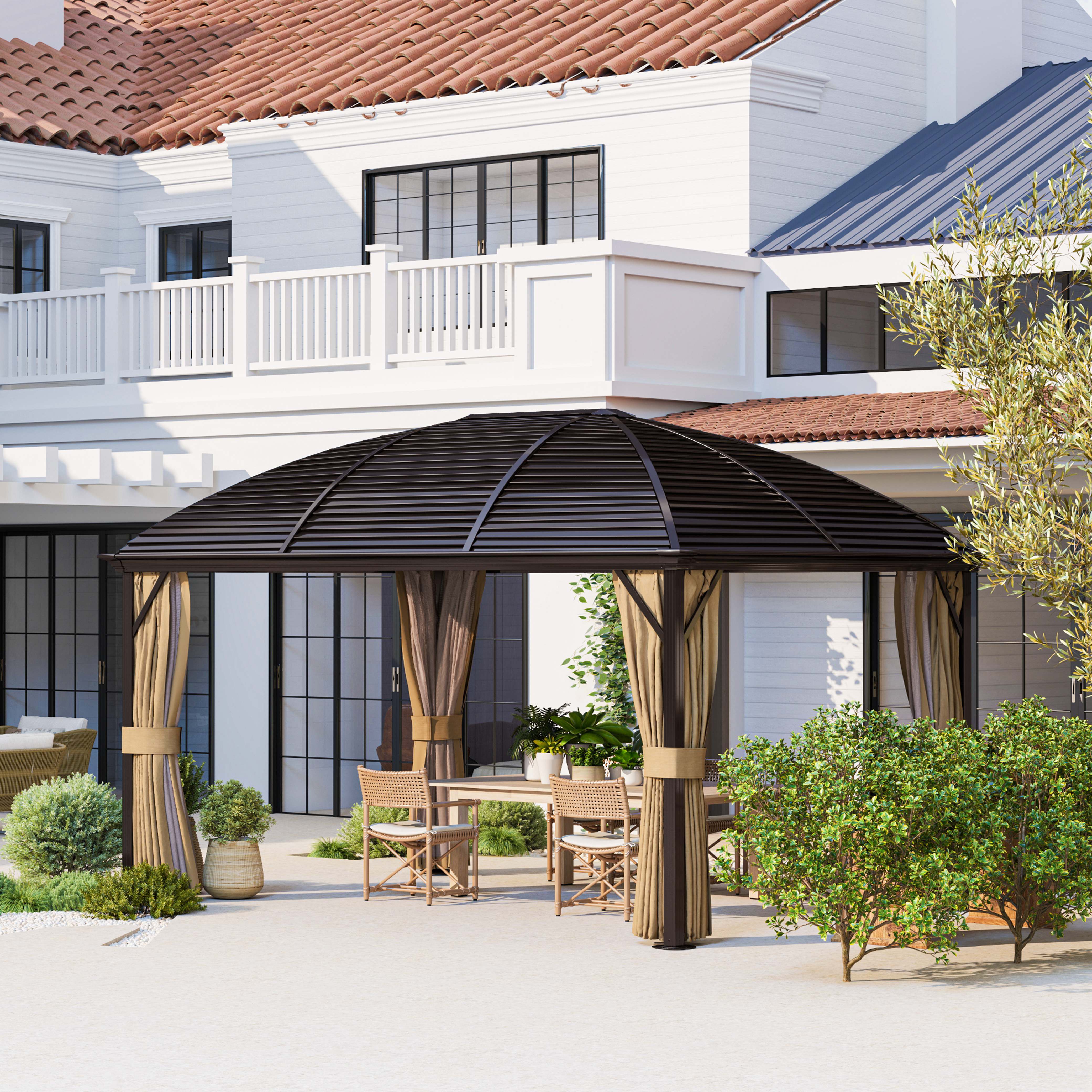 3 x 4m Aluminium Hardtop Gazebo with Netting and Curtains - Brown