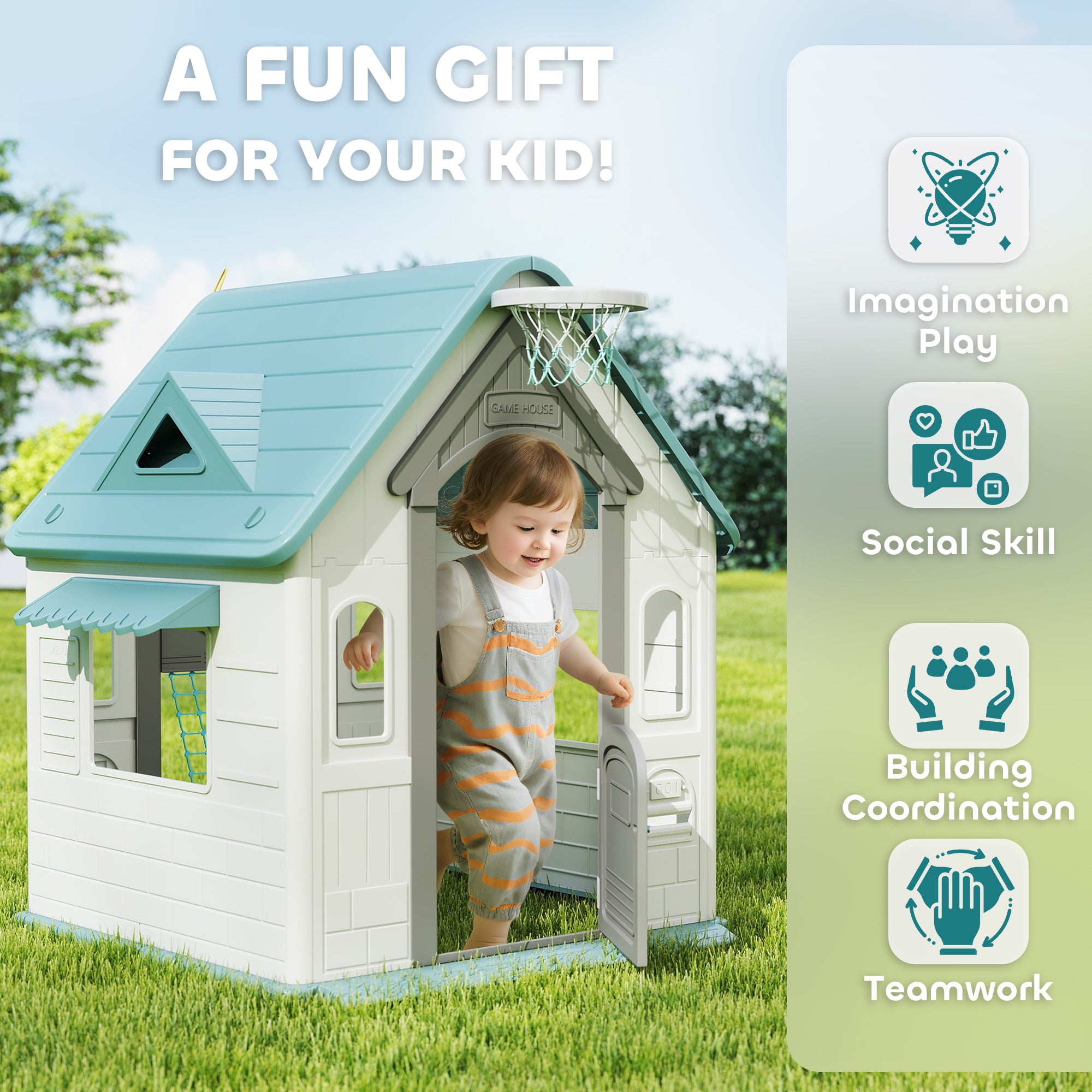 5-in-1 Playhouse for Kids Outdoor Indoor with Basketball Hoop, Football Goal, Dartboard, Ring Toss for 2-5 Years, Beige