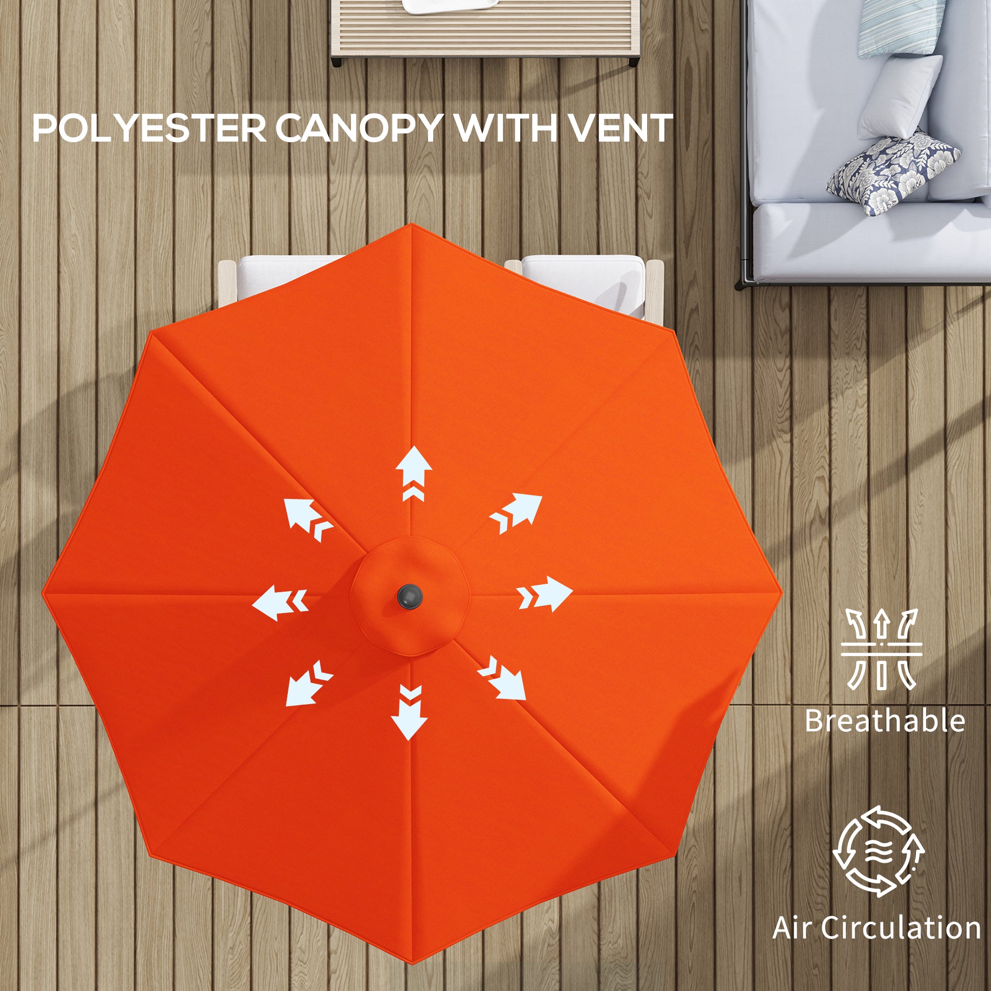 3m Garden Parasol Umbrella with 8 Ribs, Tilt & Crank Handle for Balcony & Garden - Orange