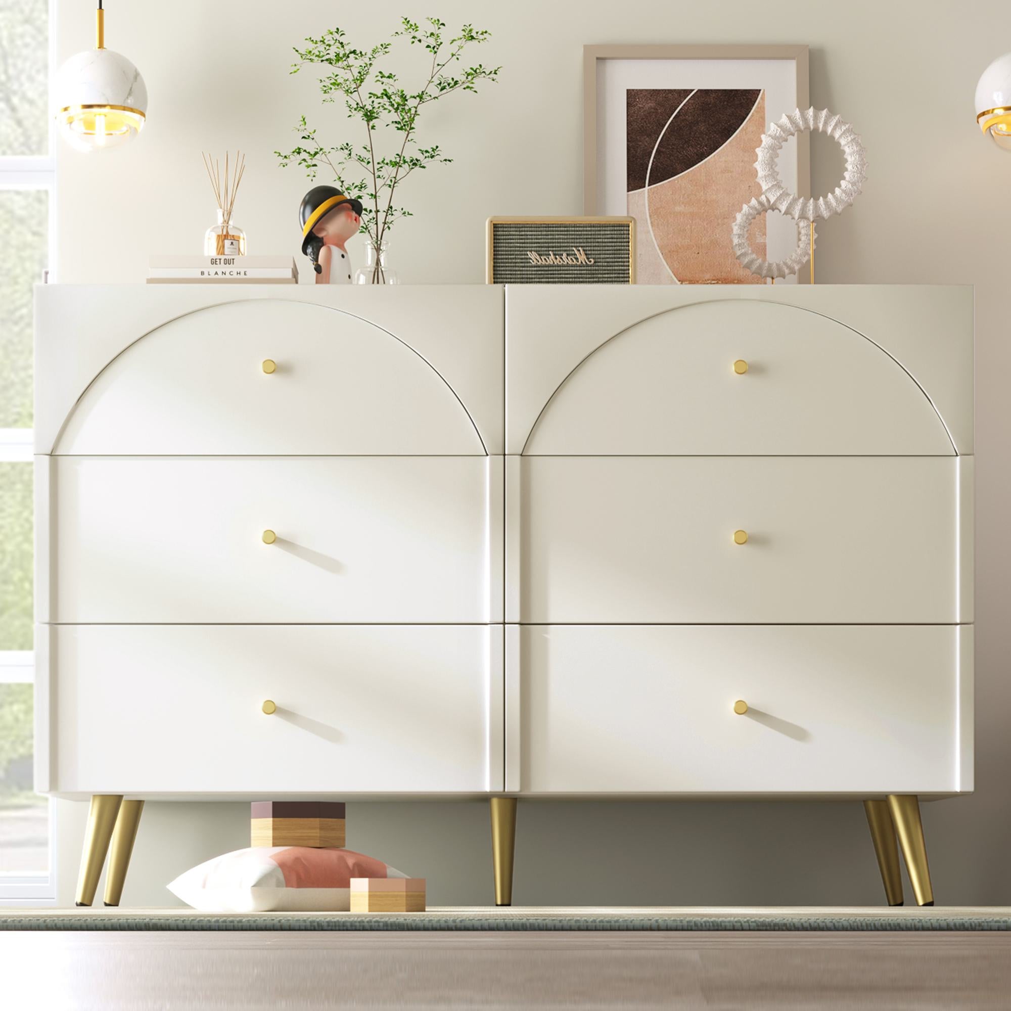Height Ajustable Sideboard with 6 Storage Drawers, Cabinet with Wood and Metal Construction, 120L x 40W x 85H cm, White