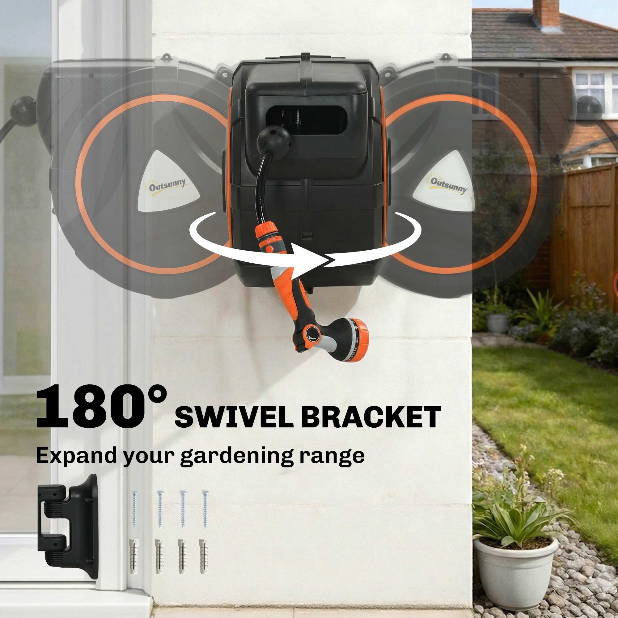 23+2m Retractable Hose Reel Wall Mounted with Auto Retraction, Self-Locking, Slow Return System, 12-Pattern Nozzles