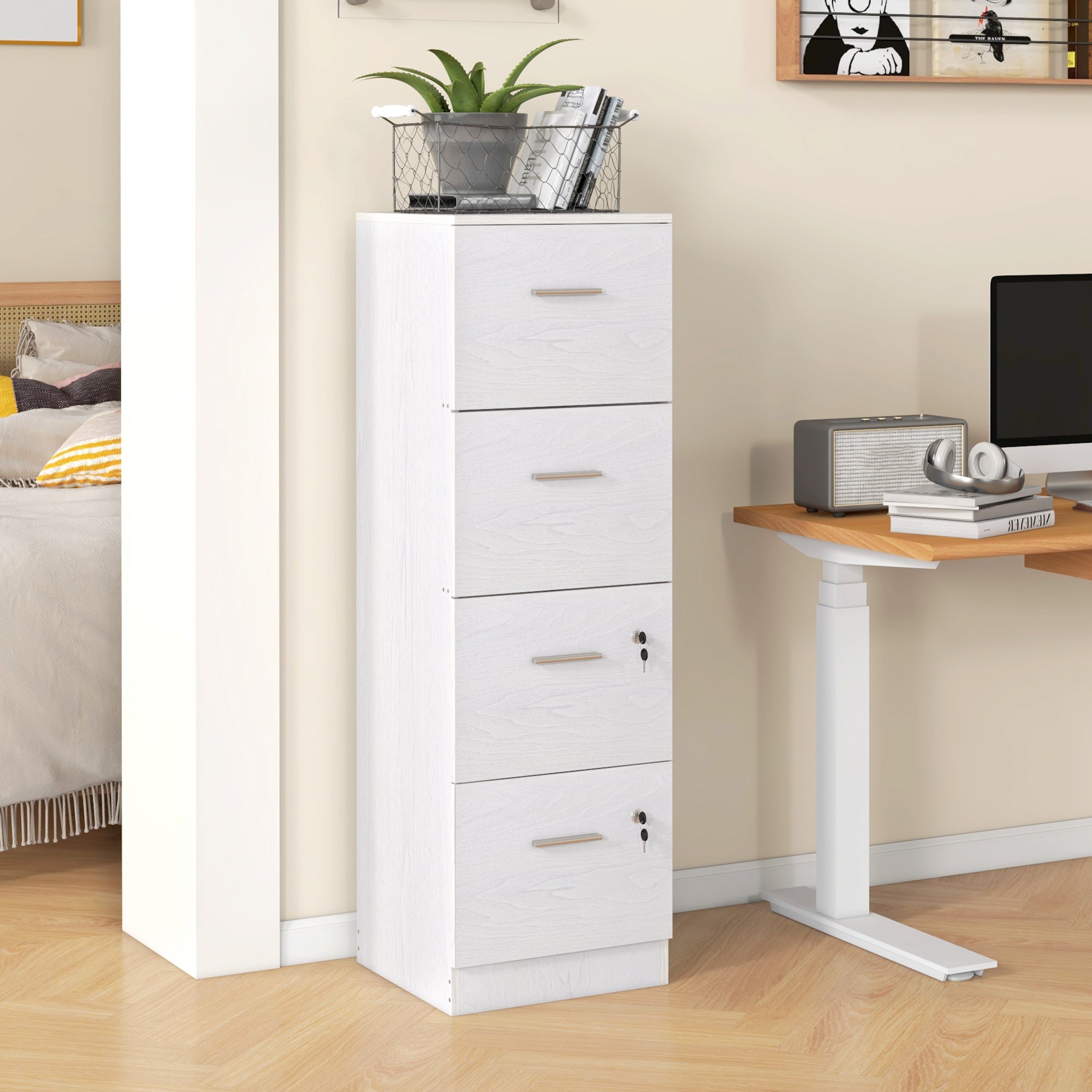 Four-Drawer Lockable Filing Cabinet - White Wood Effect