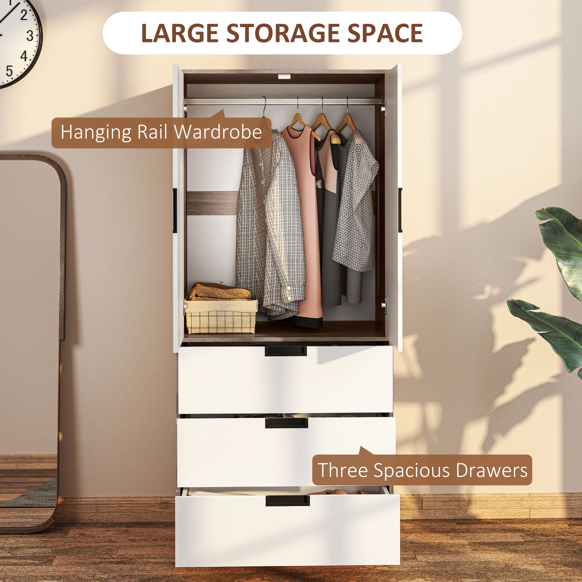 Two Door Two Drawer Wardrobe with Brown Accents - White/Brown