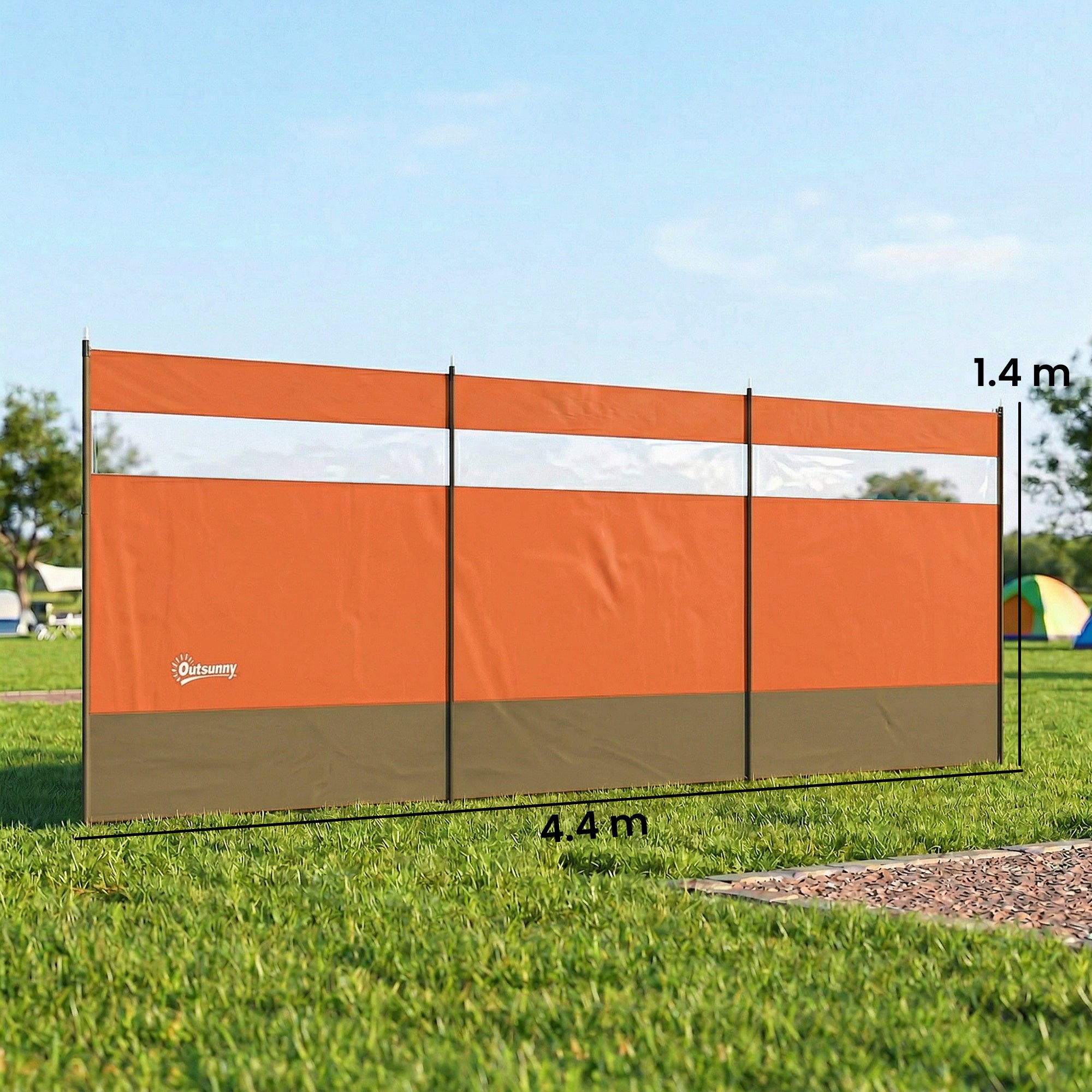Camping Windbreaker with Clear Windows, Carry Bag and Steel Poles, for Beach Caravan Campervan, 440 x 140cm, Orange
