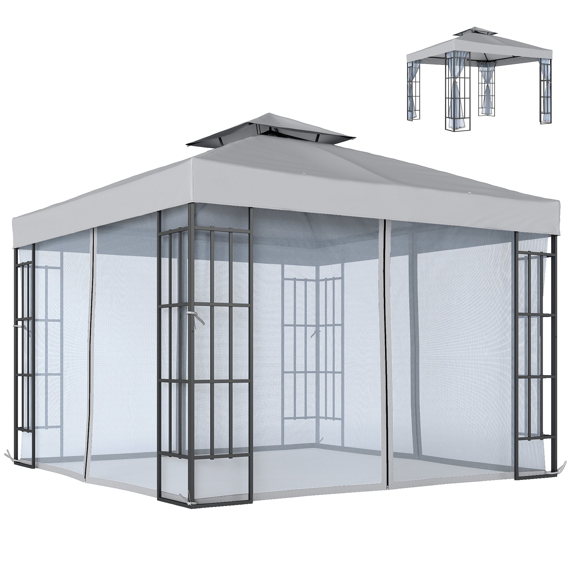 3 x 3(m) Patio Gazebo Canopy Garden Pavilion Tent Shelter with 2 Tier Roof and Mosquito Netting, Light Grey