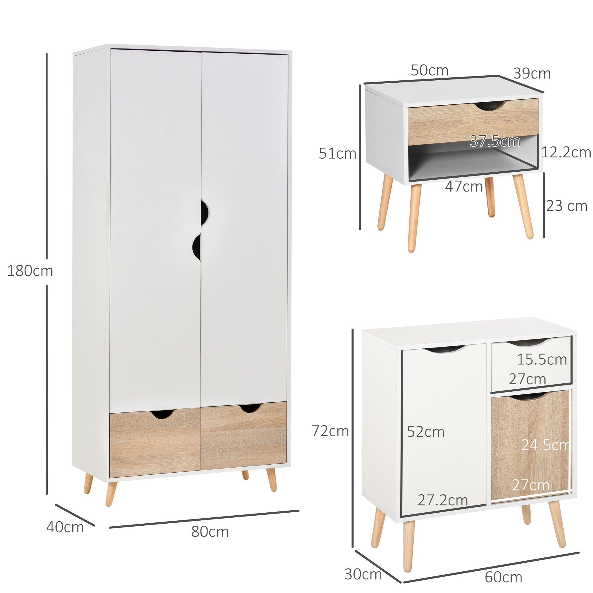 Bedroom Furniture Set, Wardrobe with Hanging Rail, Bedside Table, Floor Cabinet with Storage, Nature Wood Finish and White