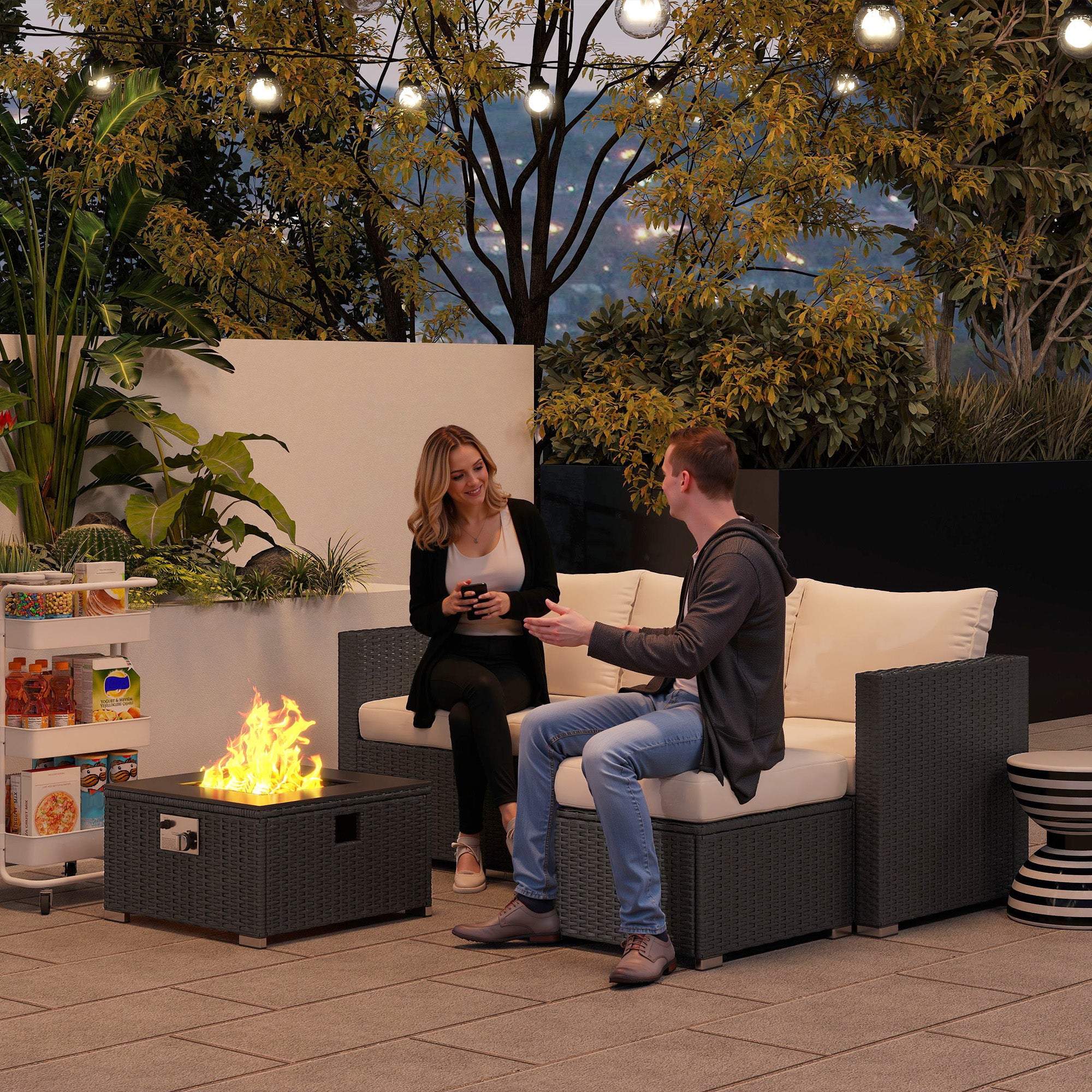 Five Piece Rattan Garden Furniture Set with Gas Fire Pit Table and Footstool - Black and Cream White