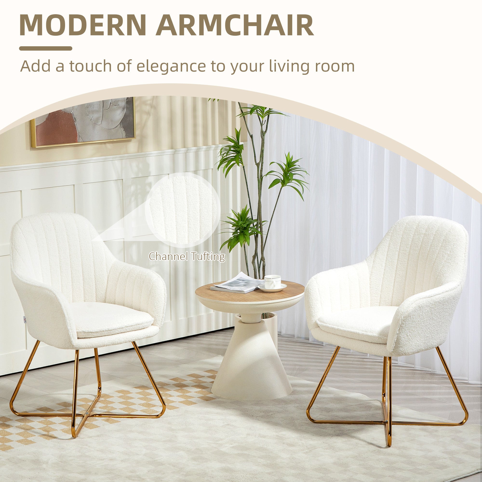 Modern Accent Chair Set of 2, Cashmere Tufted Armchair with Padded Seat, Occasional Bedroom Chair with Cross Steel Legs for Living Room, Cream White