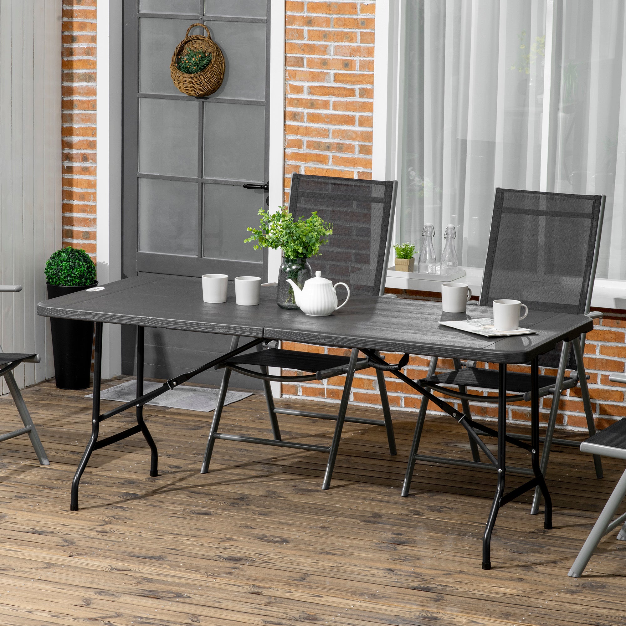 Folding Garden Dining Table for 6 with HDPE Top and Steel Frame - Charcoal Grey
